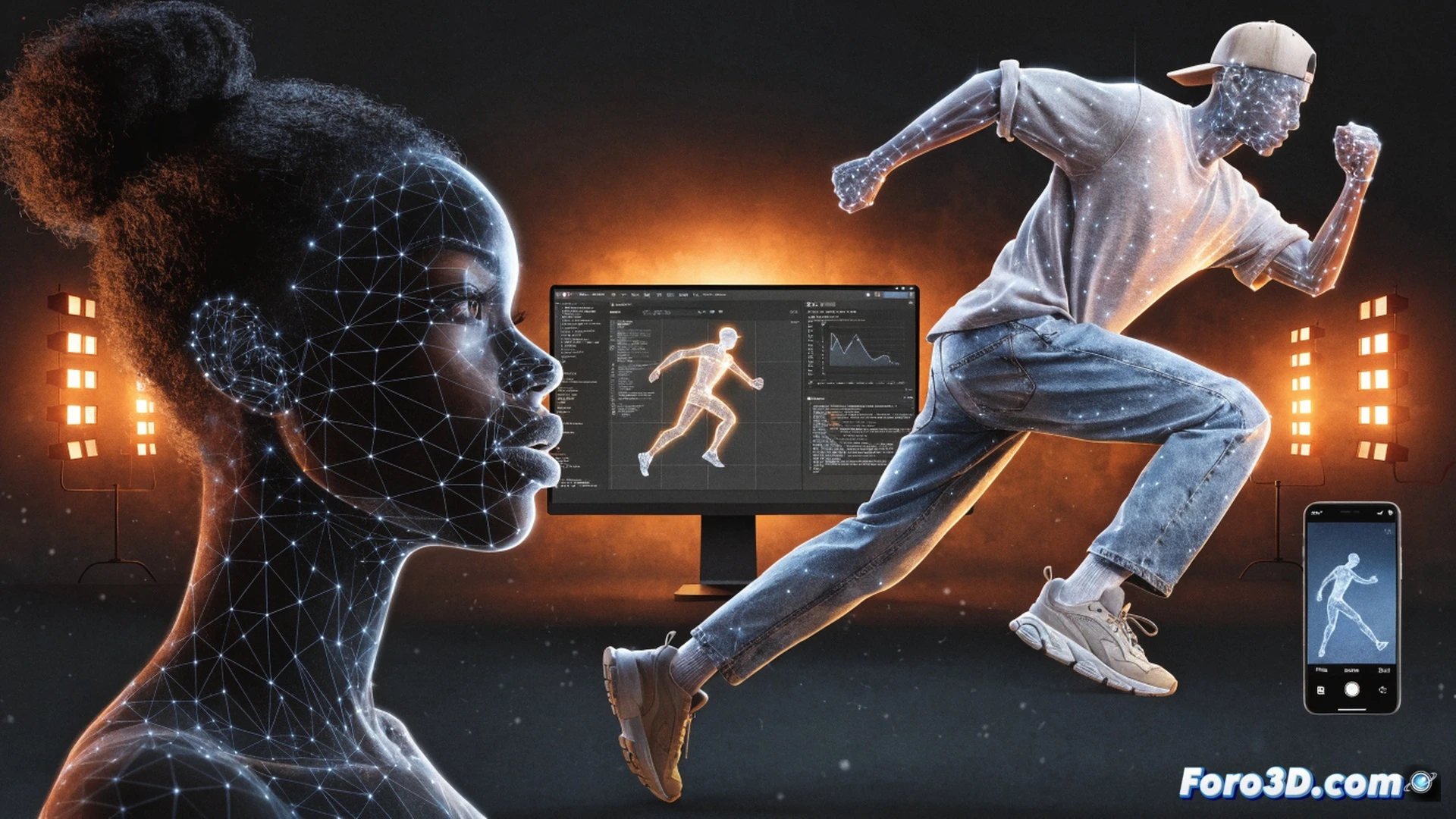 Unreal Engine interface on a laptop screen showing a mocap session, a person in casual clothes performing a martial arts kick in a living room, smartphone on a tripod capturing their motion, glowing skeletal wireframe overlay on the actor in real-time, facial tracking points on the actor's face visible in the software, minimalist room background, cinematic technical illustration, photorealistic lighting, blue and orange digital highlights on the skeleton, motion blur on the kicking leg, clean engineering visualization