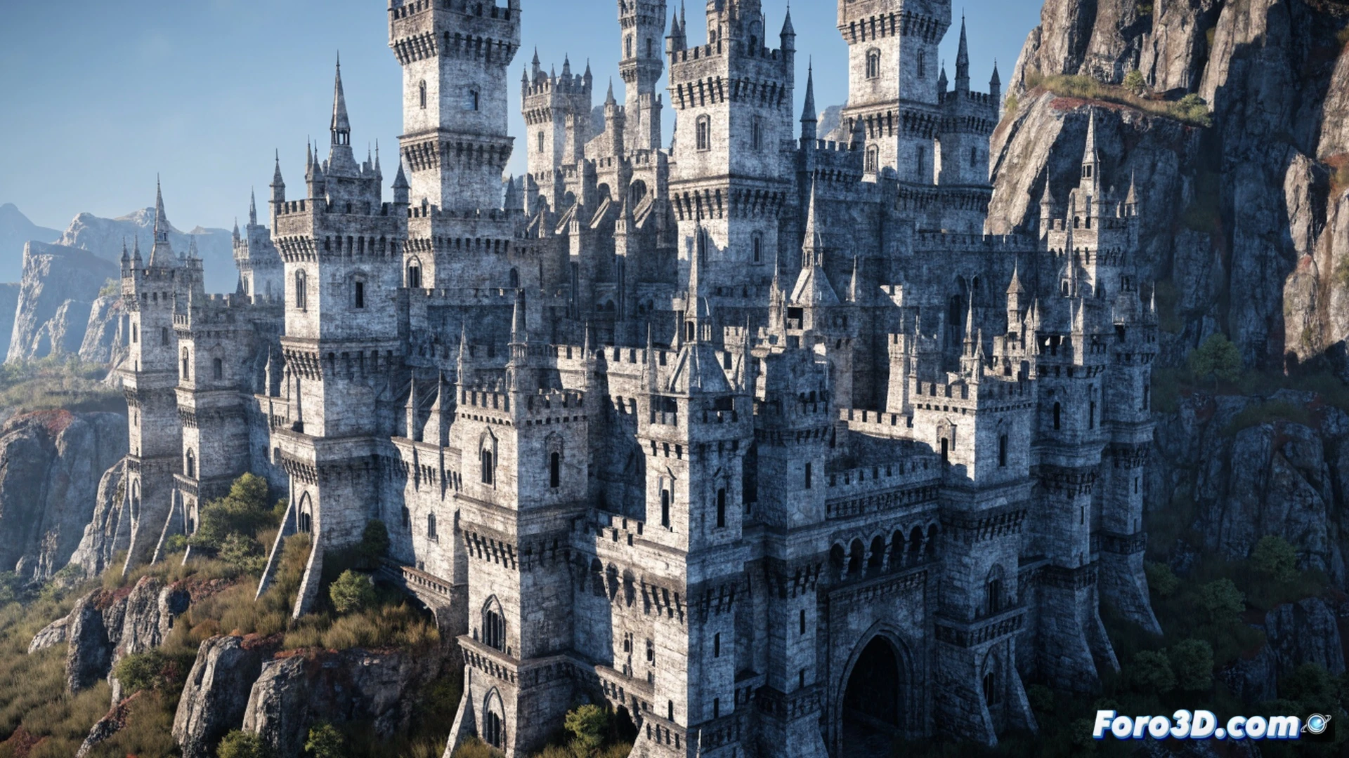 unreal engine editor interface mostrando white castle 3d model being imported into a game scene, developer cursor clicking on asset library while wireframe overlays demonstrate polygon structure, cinematic technical visualization, semi-transparent blue grid floor, floating ui panels with material shader nodes, castillo de piedra blanca con torres almenadas, luces direccionales dramáticas desde el sol vespertino, sombras nítidas sobre el césped digital, high-fidelity pbr textures visibles en muros y tejados, scene viewport con gizmo de transformación activo, photorealistic architectural render, engine debug stats en esquina inferior, niebla volumétrica suave rodeando la base