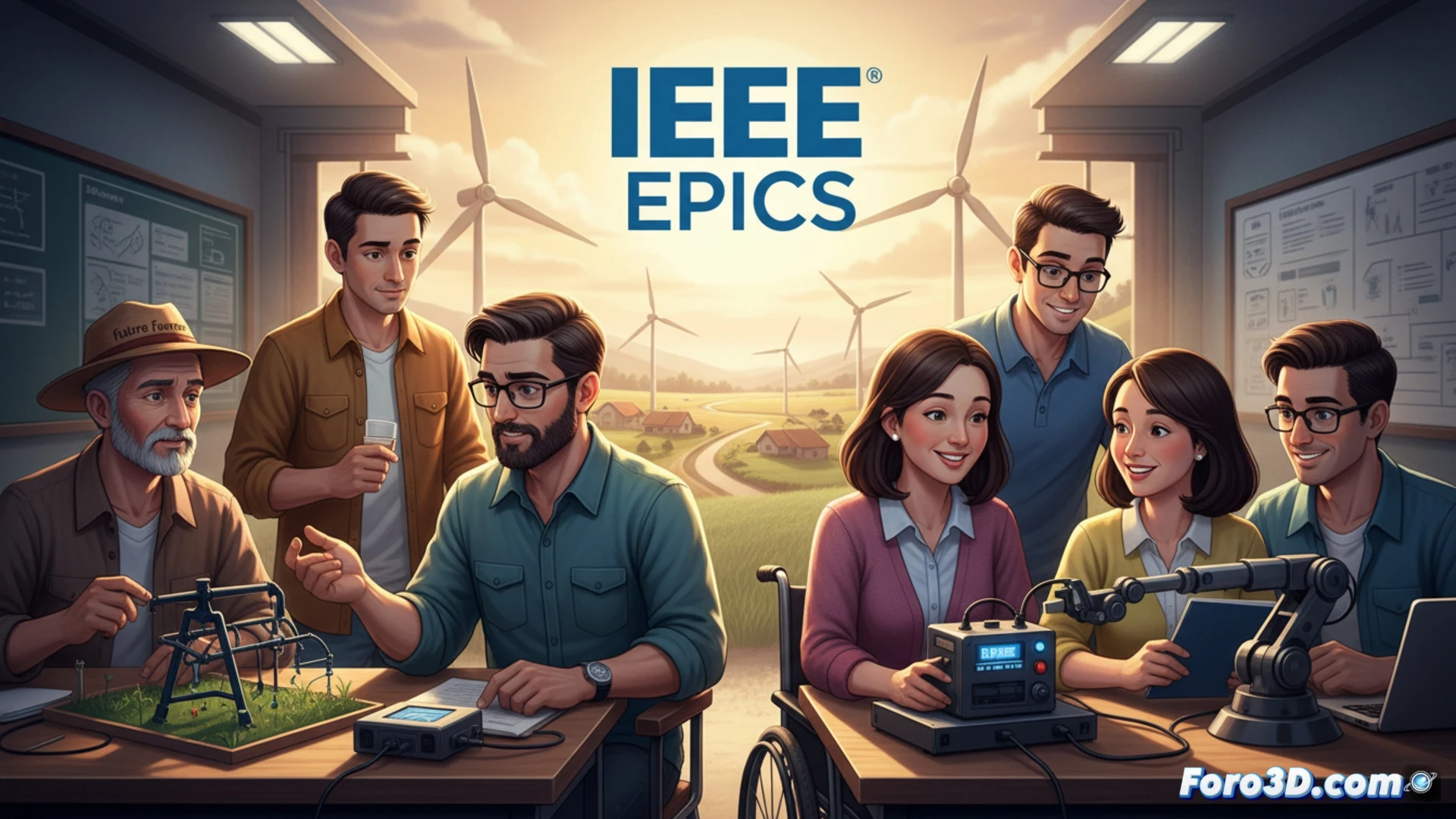 estudiantes ingenieros ensamblando un sensor IoT en una granja rural, dispositivo conectado a un panel solar pequeño midiendo humedad del suelo, laptop abierta mostrando datos en tiempo real, un agricultor observando mientras un dron sobrevuela cultivos, estilo cinematográfico fotorrealista, iluminación natural dorada del atardecer, texturas detalladas de tierra y metal, cables y componentes electrónicos visibles, acción colaborativa demostrando tecnología accesible