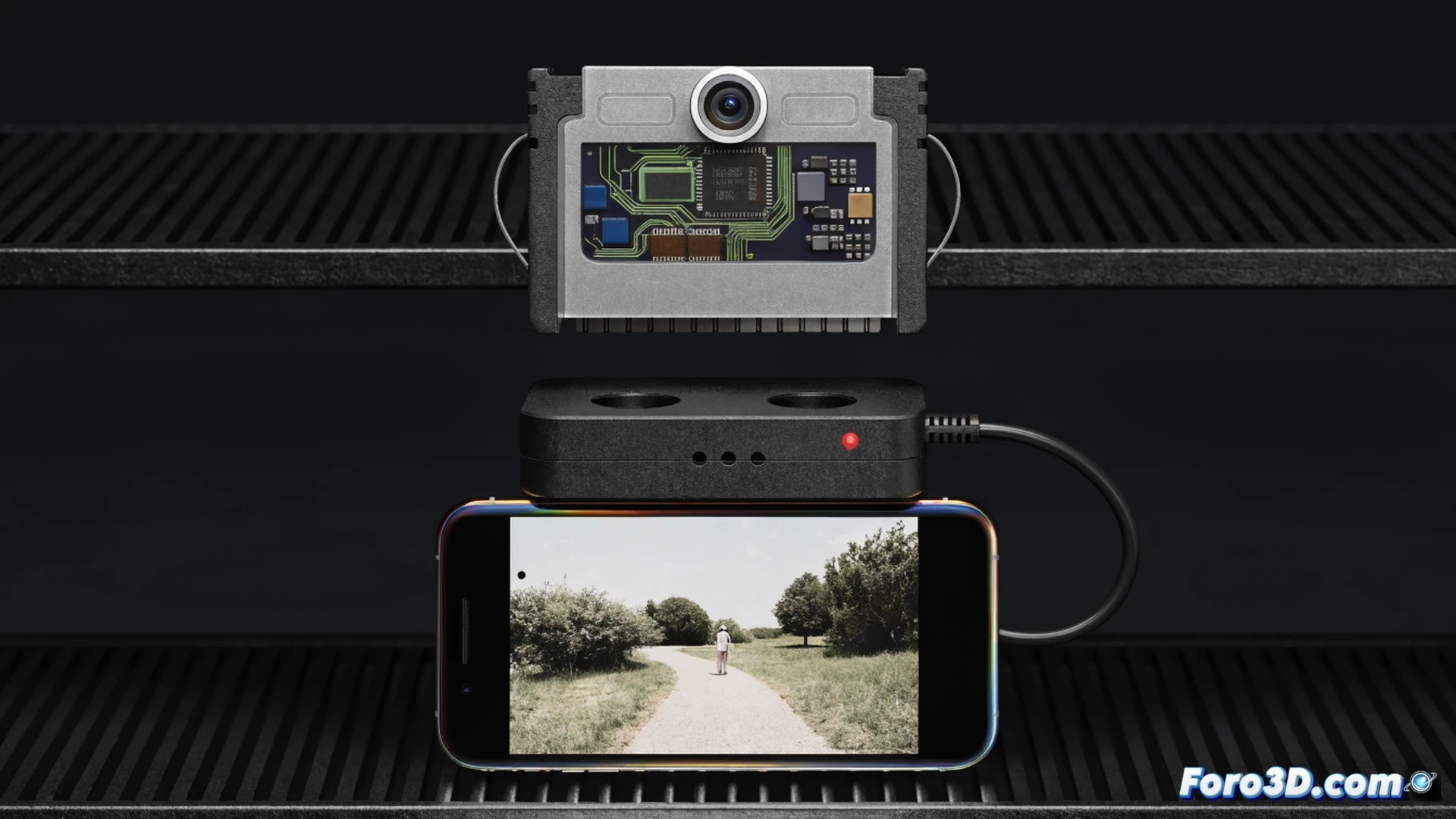 smartphone connected to Game Boy Camera cartridge via Epilogue adapter on wooden desk, user holding phone while capturing a low-res grayscale photo of a retro game console, screen displaying pixelated 4-shade gray image, adapter hardware bridging phone port and cartridge slot, technical photorealistic product shot, soft diffused lighting, macro lens focus on connector pins and cartridge label, clean minimalist background, engineering visualization style, precise mechanical details of adapter and circuit board visible