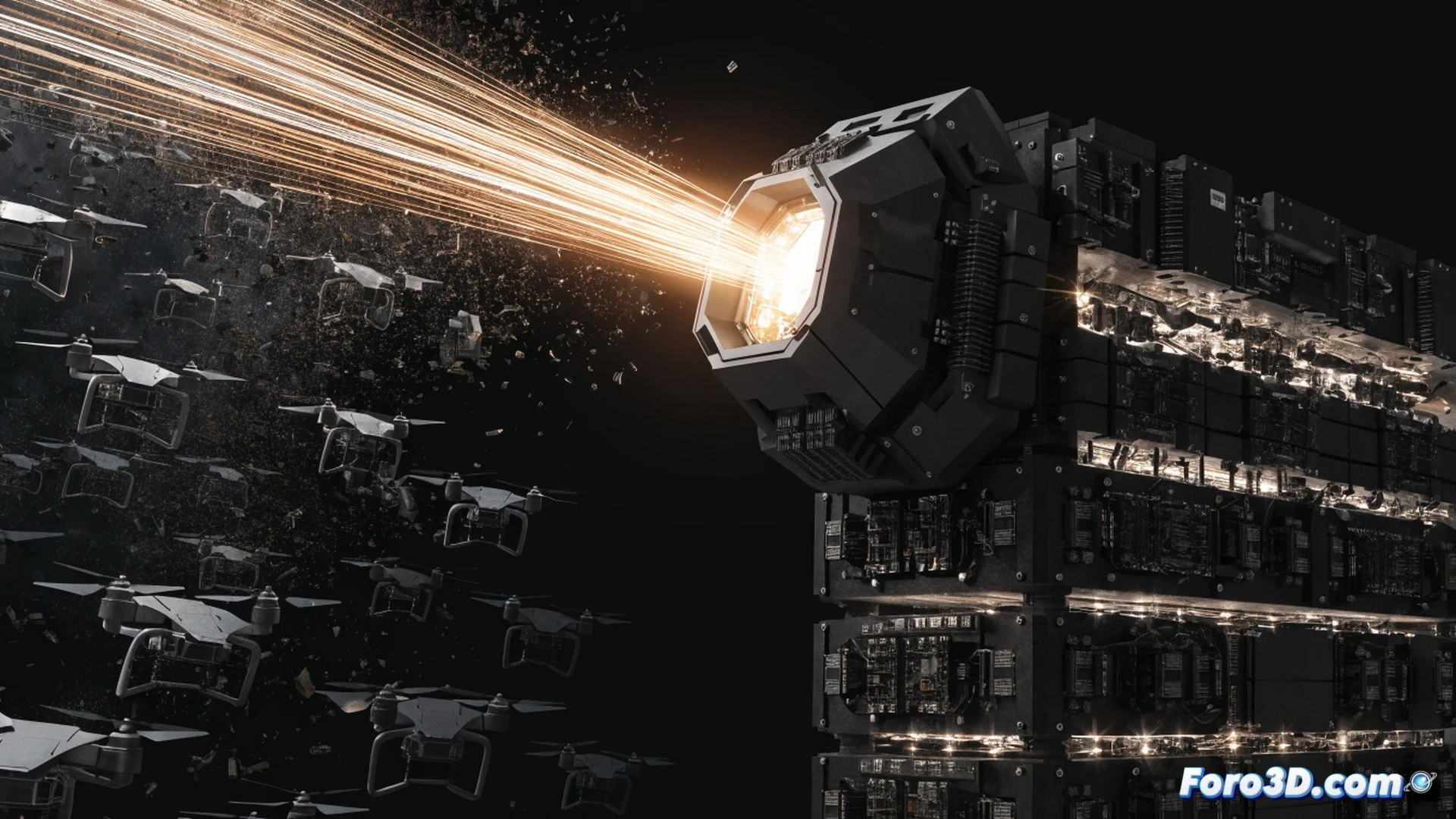 Epirus Leonidas high-power microwave system emitting invisible beams toward a swarm of small drones in mid-flight, drones freezing mid-air and falling with smoke trails, no projectiles visible, selective targeting disabling electronics while leaving one drone intact, desert testing range with military operators and radar screens showing real-time targeting data, cinematic engineering visualization, glowing energy arcs around antenna array, photorealistic technical render, dramatic sunset lighting, detailed antenna dish and cooling systems, tactical green equipment, motion blur on falling drones, ultra-sharp focus on microwave emitter