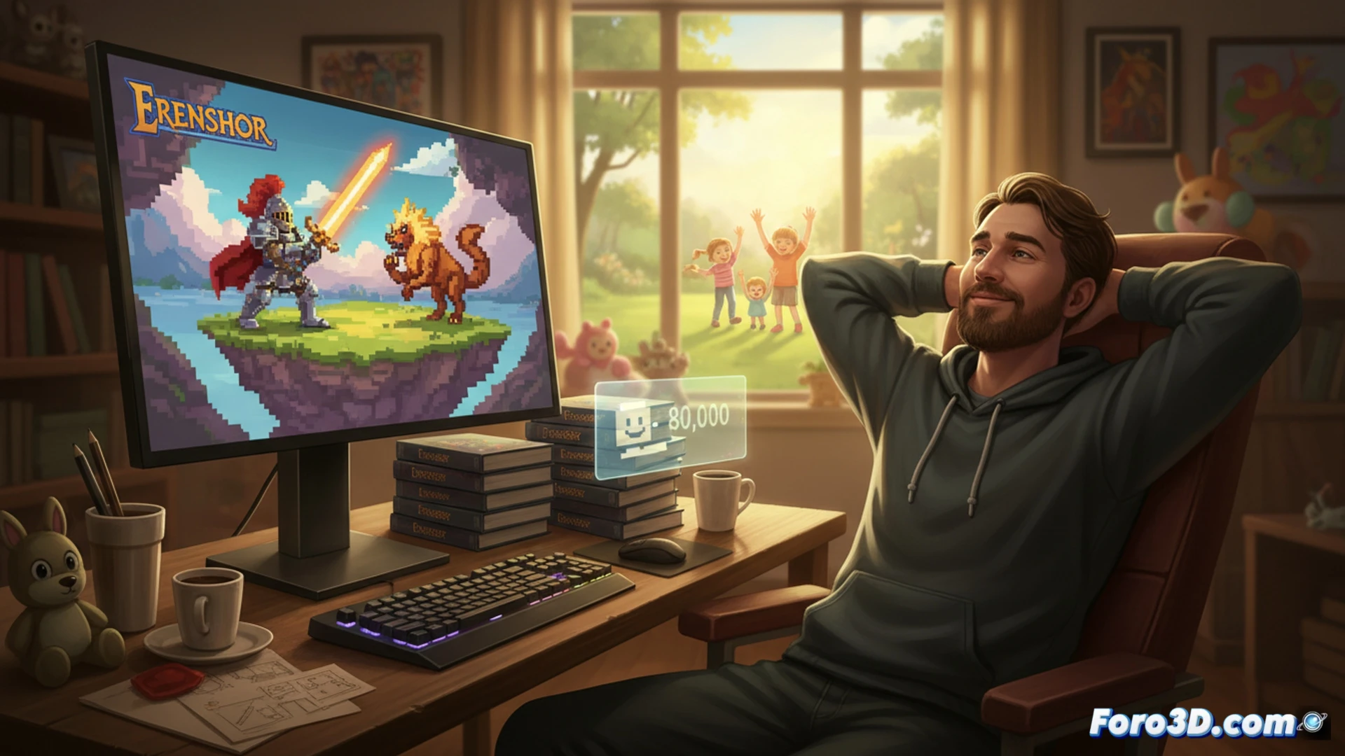 A developer sitting at a dual-monitor workstation, hands on keyboard while editing game code in Unity, reflection of a fantasy RPG world on the screen showing a lone hero fighting a giant monster, worn-out blueprints and coffee cups on the desk, a framed photo of a family beside the monitor, late night studio lighting, dust particles floating in warm lamp glow, cinematic photorealistic technical illustration, ultra-detailed mechanical keyboard and PC components, dramatic contrast between the virtual world and the physical workspace, atmosphere of focused passion and life transformation