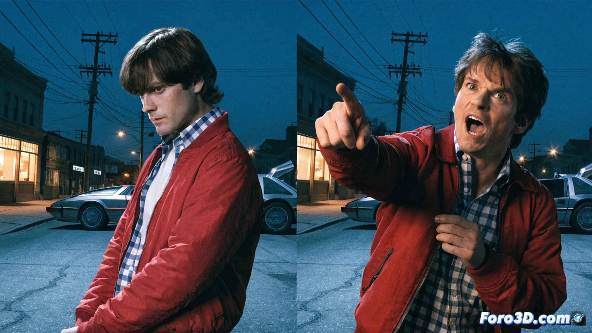Two actors standing on a movie set, one in a 1950s leather jacket holding a skateboard, the other with a director's clapperboard and a script, a glowing light bulb above the first actor's head flickering while a second bulb shines brightly above the replacement actor, film camera equipment and lighting rigs visible, split-screen effect showing the shift from serious expression to mischievous grin, cinematic photorealistic style, dramatic studio lighting, film grain texture, vintage sci-fi set design, technical filmmaking equipment in background, high contrast shadows, ultra-detailed costume textures