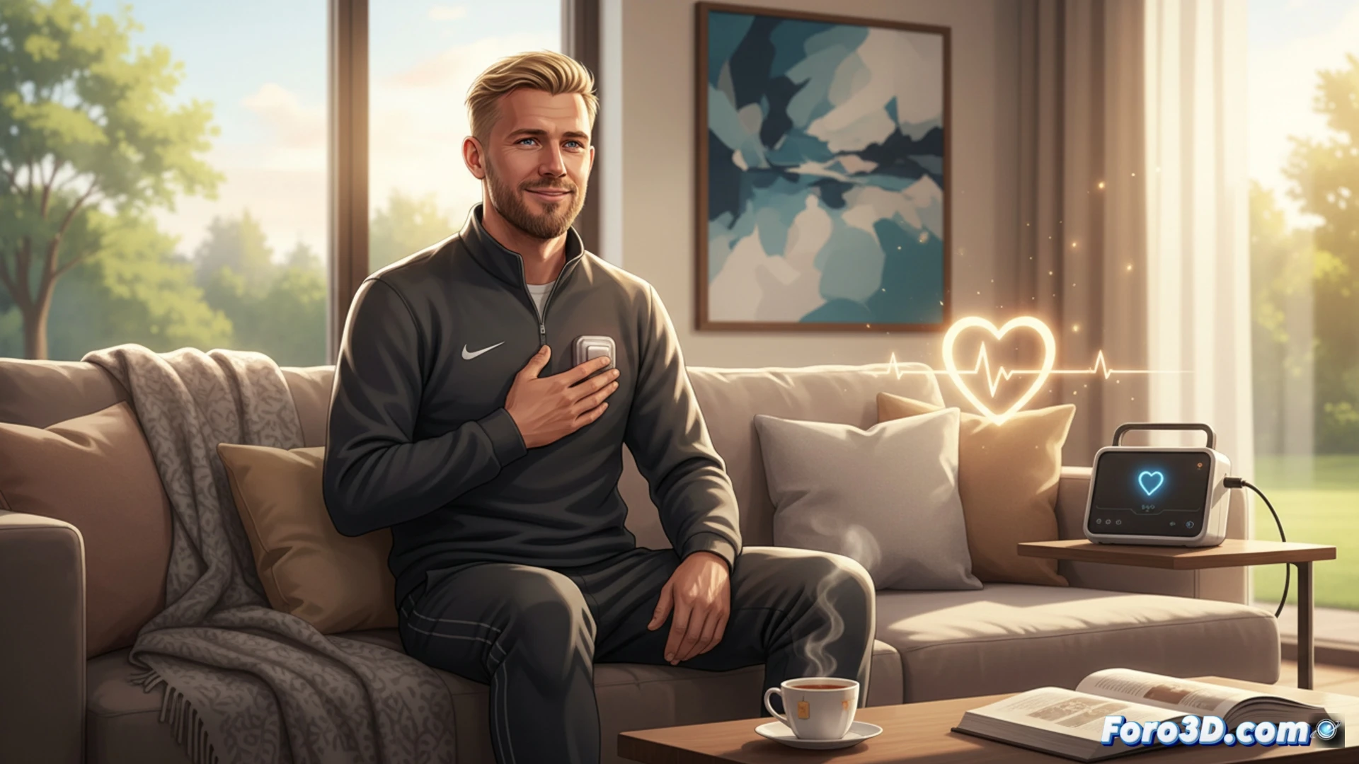 Christian Eriksen standing upright on a football pitch, hands raised in relief, while a visible subcutaneous implant device beneath his shirt pulses with a soft blue glow, teammates and medical staff surrounding him with urgent but relieved expressions, a defibrillator monitor screen on the sideline displaying a steady heart rhythm waveform, green grass field under overcast stadium lighting, cinematic photorealistic medical sports illustration, dramatic depth of field, sweat droplets on his face, tension and recovery captured in one frozen action moment