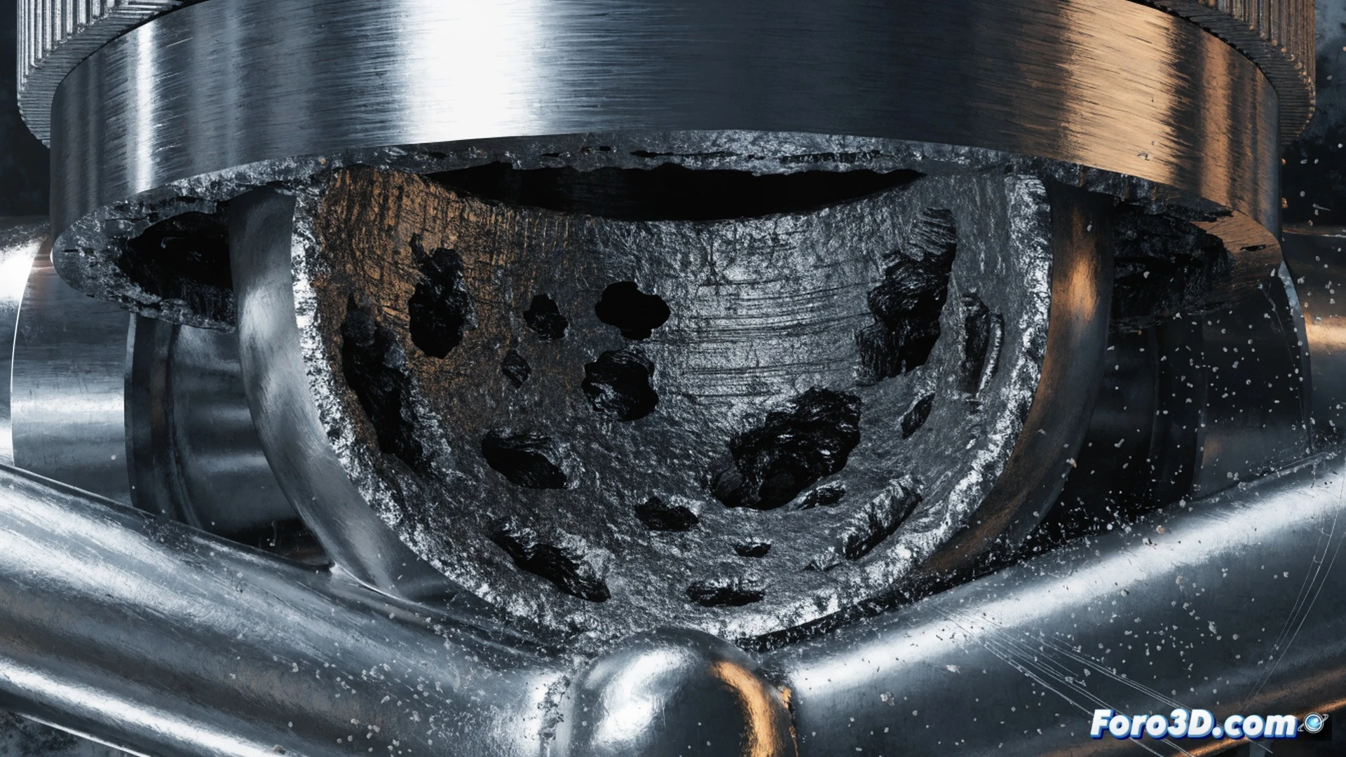 Válvula de globo petroquímica en corte transversal, flujo de fluido abrasivo ascendente con partículas sólidas impactando directamente el asiento del obturador, superficie del asiento mostrando erosión progresiva con cráteres y estrías, simulación de dinámica de fluidos con líneas de flujo turbulento y trayectorias de partículas en naranja y rojo, modelo 3D de SolidWorks con malla de elementos finitos semitransparente, renderizado en Blender con iluminación industrial dramática y sombras marcadas, estilo cinematic photorealistic engineering visualization, acción de desgaste durante el paso del fluido a alta velocidad