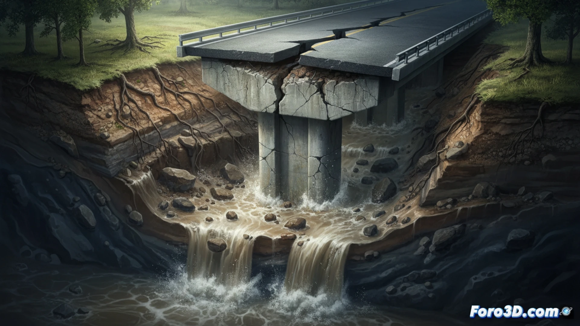 Simulación 3D de erosión hidráulica socavando cimientos de puente en ladera con flujo de agua torrencial