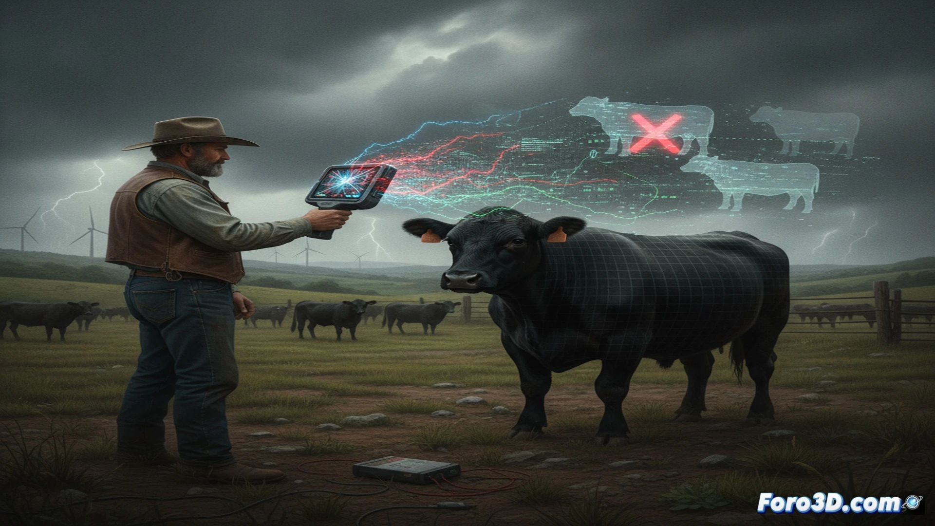 agricultural field scene, rancher holding a malfunctioning handheld livestock scanner with a red error screen, cattle ear tag showing a faded barcode, scanner cable partially unplugged from a ruggedized tablet displaying a frozen database interface, dust particles floating in harsh midday sunlight, battery compartment open with corroded terminals visible, photorealistic technical illustration, cinematic lighting with shadows from barbed wire fence, detailed plastic casing cracks on scanner, realistic dust motes and heat haze, ultra-detailed hardware textures, dramatic contrast between blue sky and failing electronics
