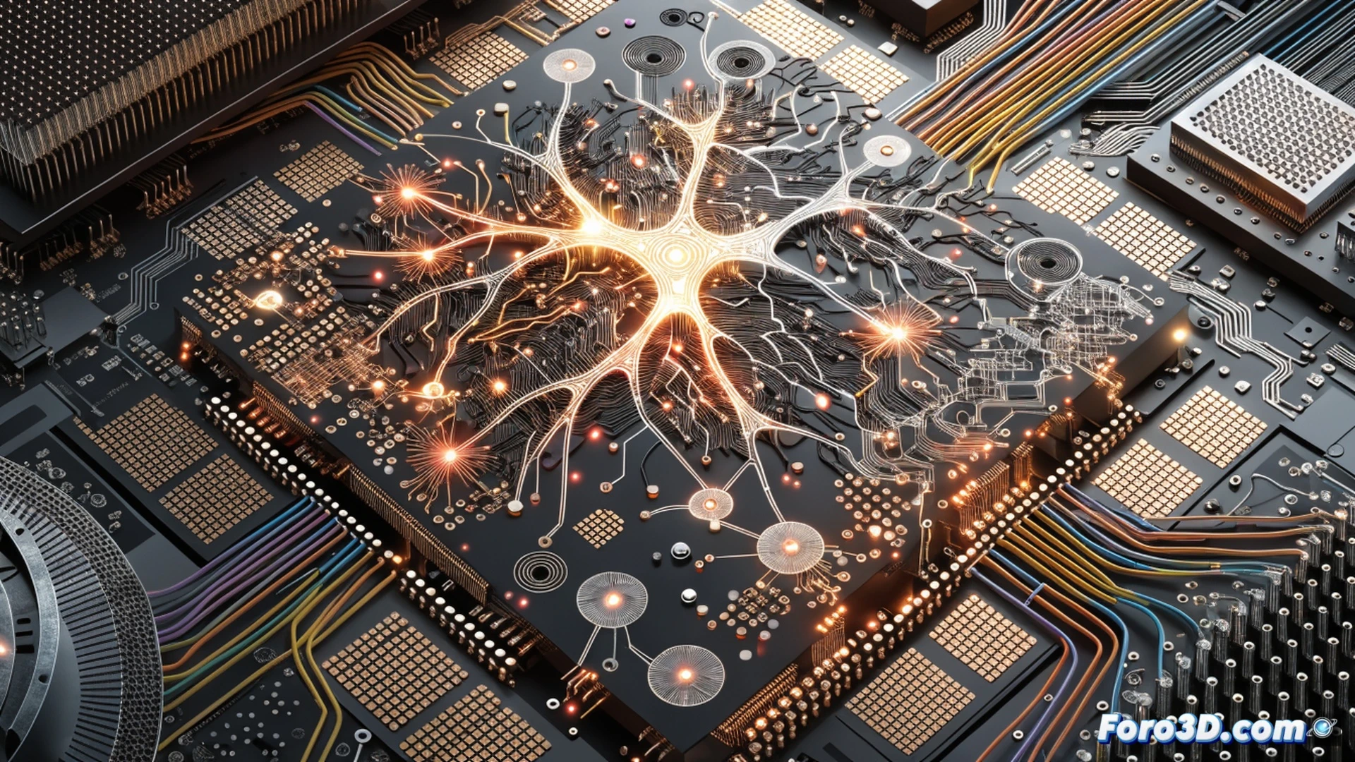 Transistor CMOS estándar transformándose en una neurona artificial, chispas azules emergiendo de un microscopio electrónico mientras un chip neuromórfico se ilumina en una placa de laboratorio, ingeniero observando sorprendido el proceso, fondo con racks de GPUs apagados contrastando con el bajo consumo del nuevo chip, visualización técnica fotorrealista, iluminación dramática de laboratorio, texturas de silicio y metal ultra detalladas, estilo cinematográfico de ingeniería