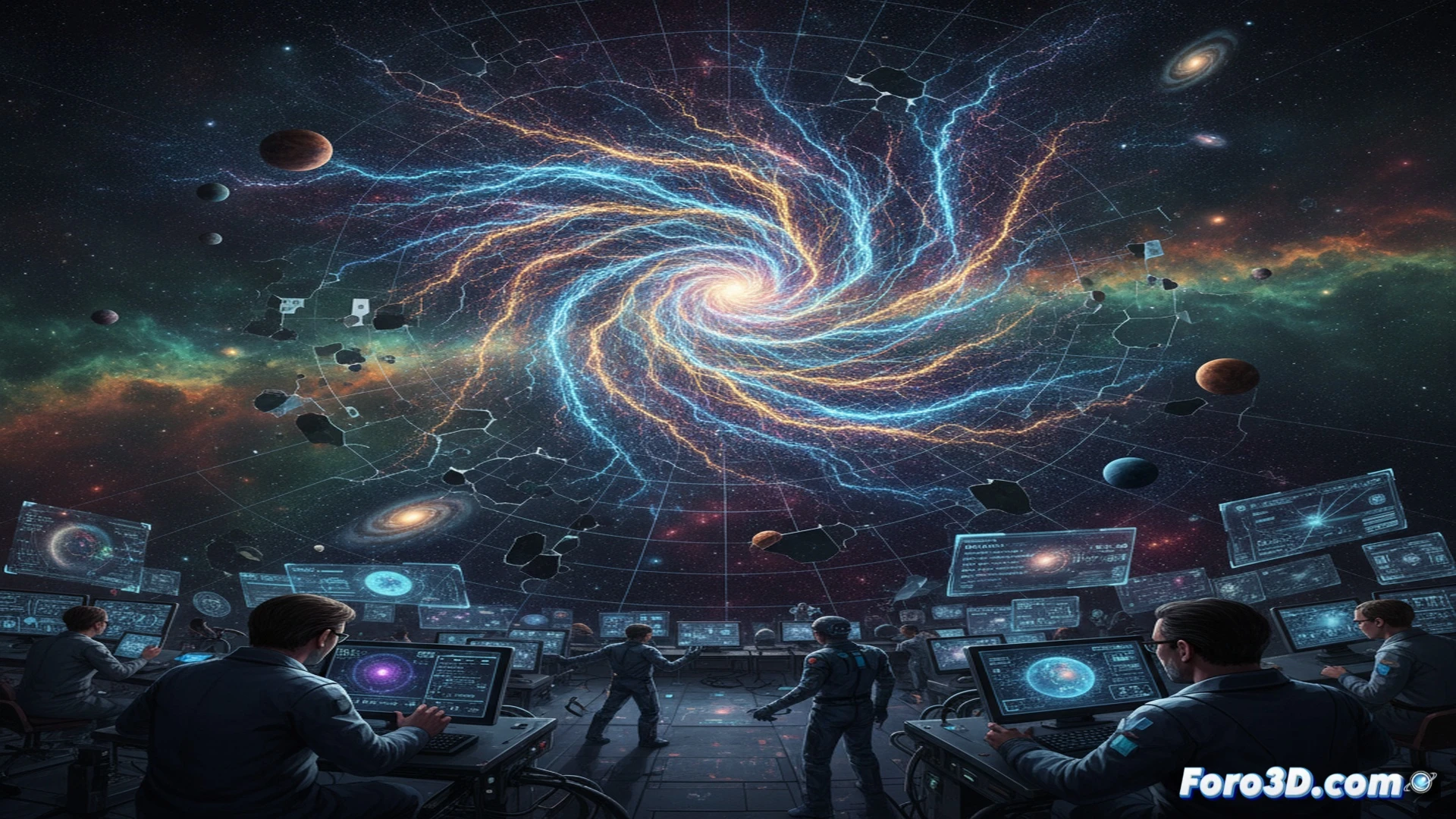Advanced gravitational wave simulation error visualization, spacetime grid warping incorrectly under simulated black hole merger, glowing red distortion lines breaking apart mid-propagation, quantum sensor array showing false positive readings, holographic data screens displaying jagged waveform anomalies, laboratory equipment with oscilloscopes showing erratic signals, scientists analyzing corrupted data streams, dark control room with blue ambient light, technical engineering illustration style, photorealistic render, dramatic high-contrast lighting, detailed electronic components and fiber optic cables