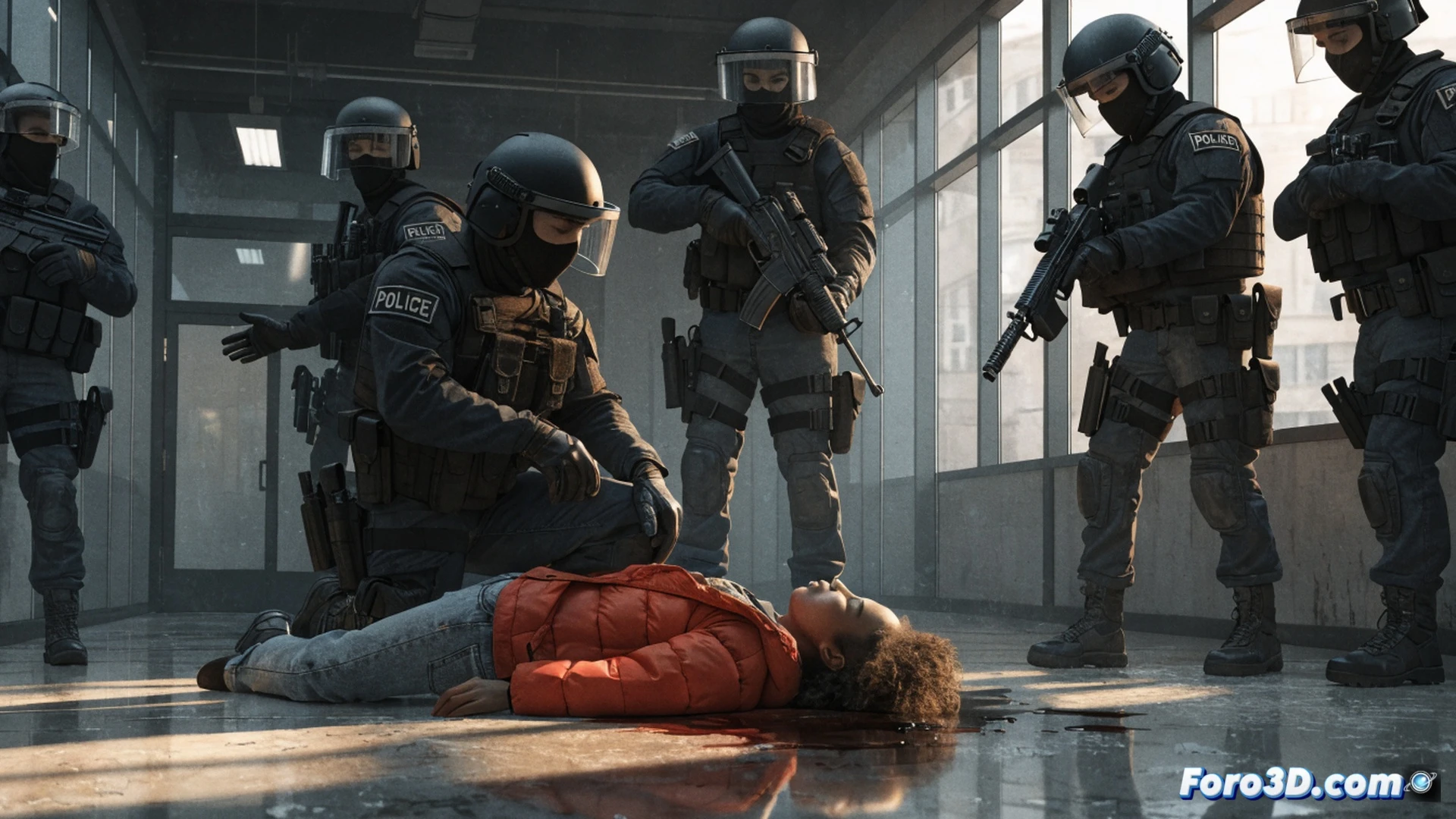 photorealistic cinematic scene of a nighttime police raid, a child silhouette behind a door during a chaotic breach, police officer aiming weapon with finger on trigger, weapon-mounted flashlight beam cutting through darkness, tactical gear with body camera and radio, red dot sight projecting onto a wall near a civilian object, motion blur of officers entering, dust particles in flashlight beams, dramatic low-key lighting with blue and red police lights leaking through windows, high-contrast shadows, technical illustration style, ultra-detailed tactical equipment, tense freeze-frame action