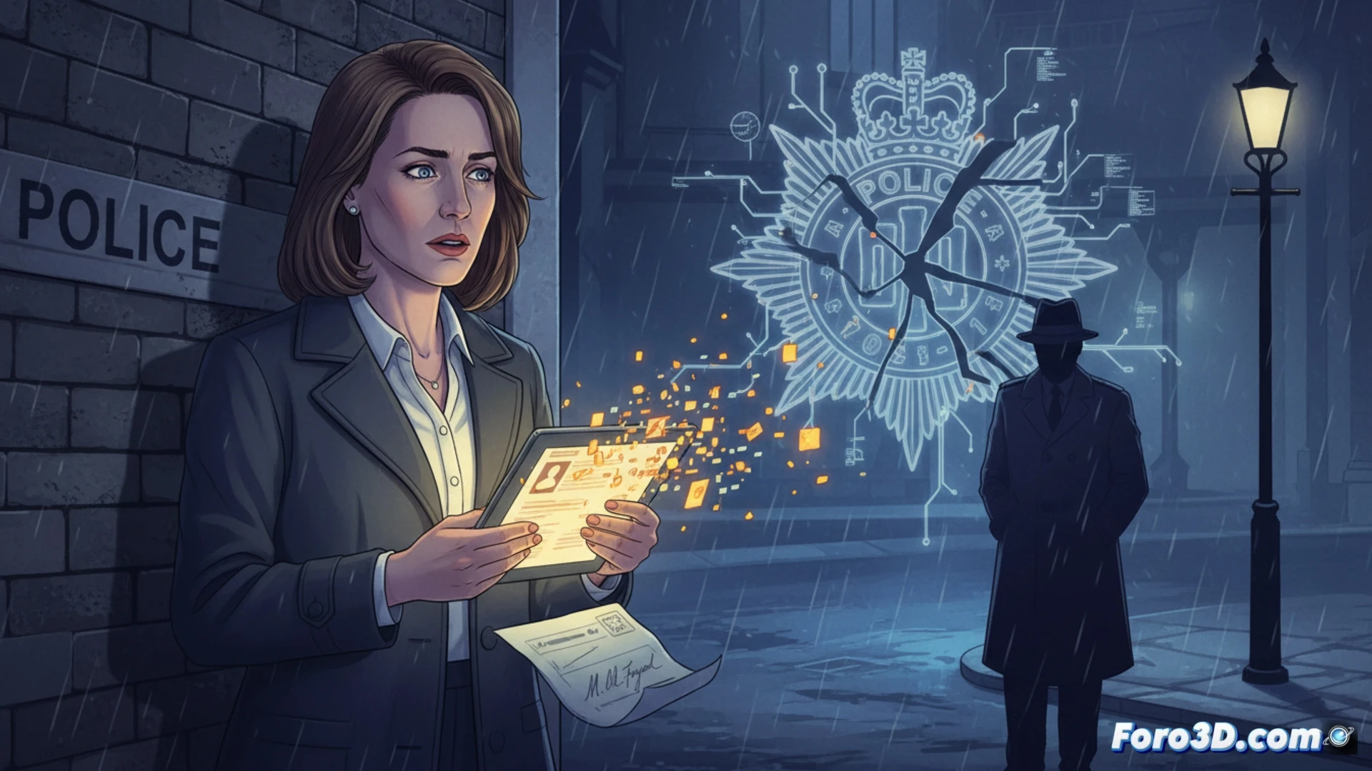 british police badge being dropped onto a glass table, a sealed confidential file labeled with red stripes slides out of view toward a shadowy third-party hand, laptop screen behind showing a blurred data stream error alert, dark police station office, cold blue fluorescent lighting, forensic-style close-up, photorealistic technical illustration, data breach visualized as glowing red cracks spreading across the file folder surface, motion blur on the badge falling, high-contrast shadows emphasizing institutional failure