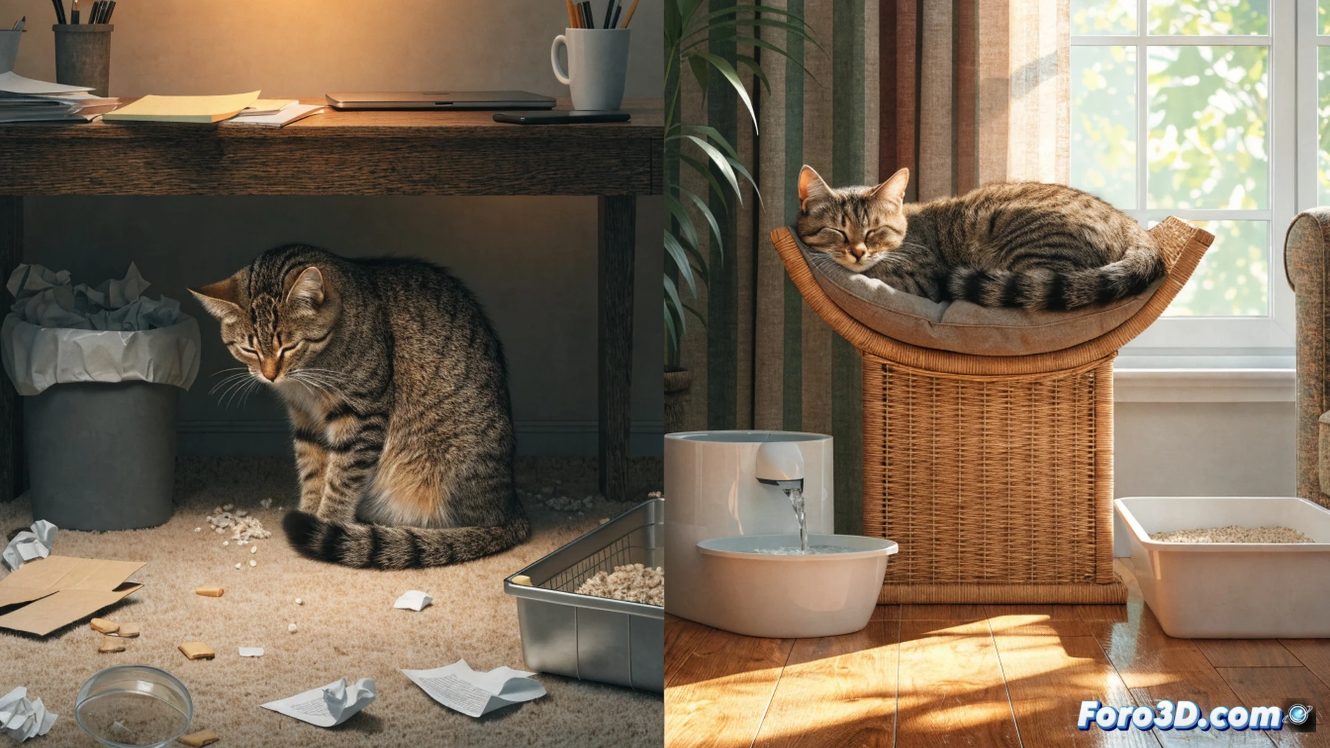 feline stress triggers in a home environment, close-up scene showing a dirty litter box with clumped waste and a cat sniffing anxiously nearby, second action of a cat struggling to reach a single water bowl placed next to a noisy washing machine, third action of a cat clawing at sofa fabric while a modern scratching post stands ignored in a dark corner, photorealistic technical home environment illustration, warm indoor lighting contrasting with shadows, hyper-detailed textures of litter, fur, and scratched upholstery, cinematic composition showing multiple problem zones simultaneously, veterinary behavioral infographic style