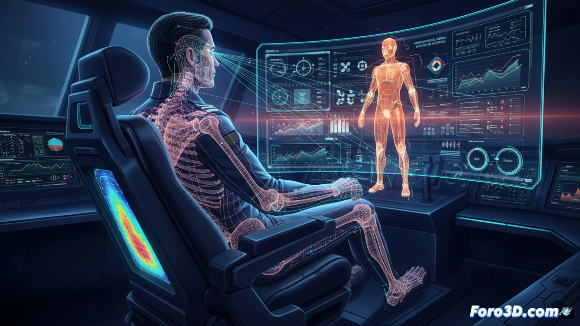 Escáner 3D corporal de piloto en cabina de vuelo para análisis ergonómico postural y antropometría digital