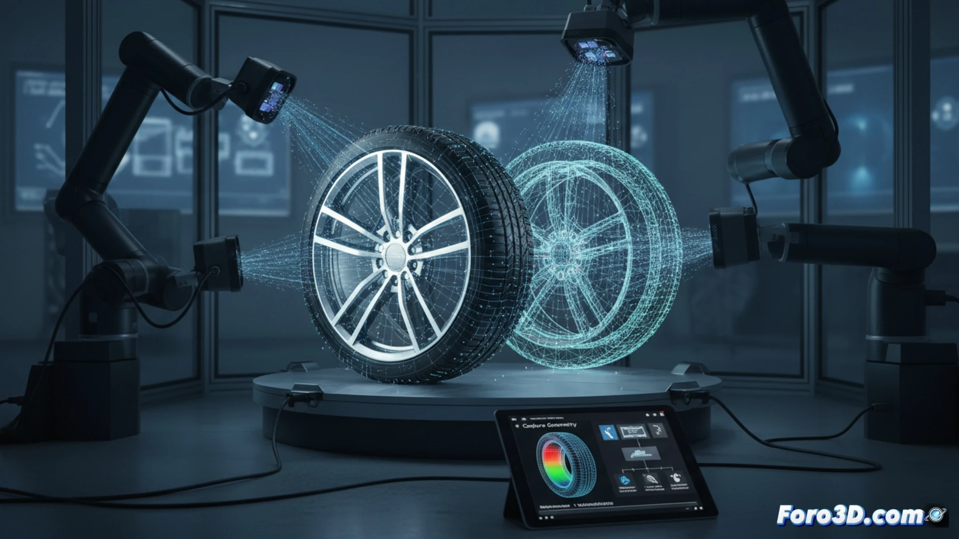 Escáner 3D capturando geometría de llanta de aleación con radios y neumático sobre mesa rotatoria