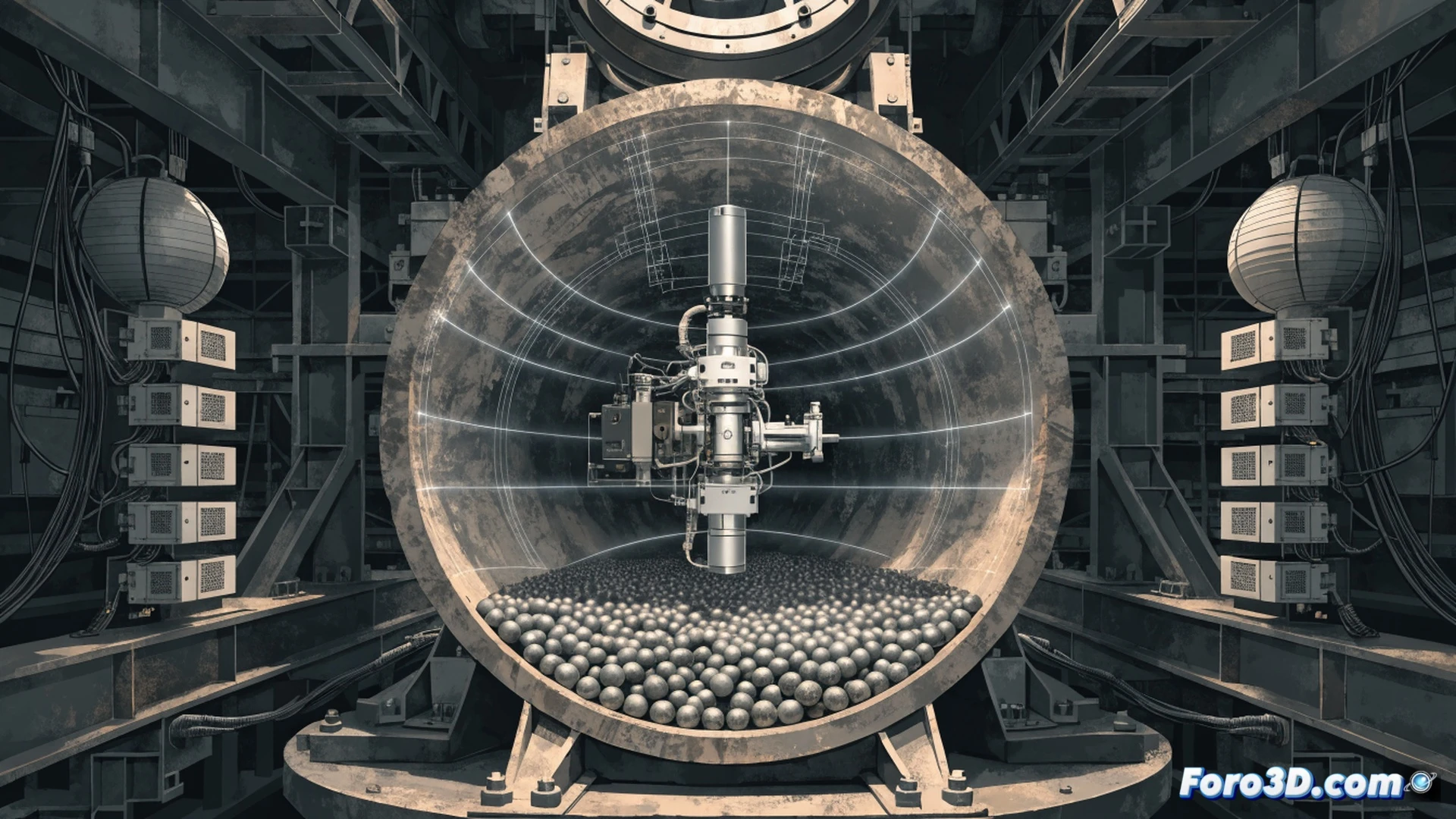 Técnico sosteniendo escáner 3D portátil frente al revestimiento interior de un molino minero gigante, haz de luz azul barriendo la superficie metálica desgastada, mostrando puntos de medición y nube de datos en tiempo real sobre una tableta industrial, engranajes y pernos visibles en primer plano, interior oscuro del molino iluminado por luces LED de la herramienta, polvo mineral suspendido en el aire, estilo cinematic photorealistic engineering visualization, texturas rugosas del acero, sombras dramáticas, alta definición técnica