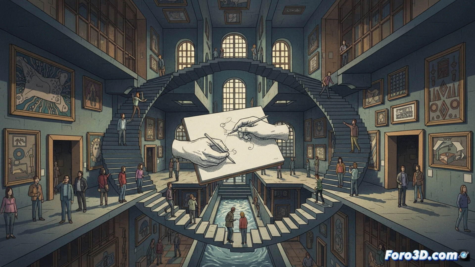 Museum gallery interior with impossible staircase structure folding into itself from multiple angles, visitors walking on both vertical and horizontal surfaces simultaneously, hands emerging from paper sheets drawing each other in mid-air, geometric tiles morphing between 2D and 3D patterns, holographic projection showing mathematical perspective lines converging at multiple vanishing points, cinematic architectural visualization, dramatic chiaroscuro lighting casting long shadows across paradoxical spaces, polished marble floor reflecting inverted ceiling structures, ultra-detailed stone textures, photorealistic technical render with surrealist atmosphere