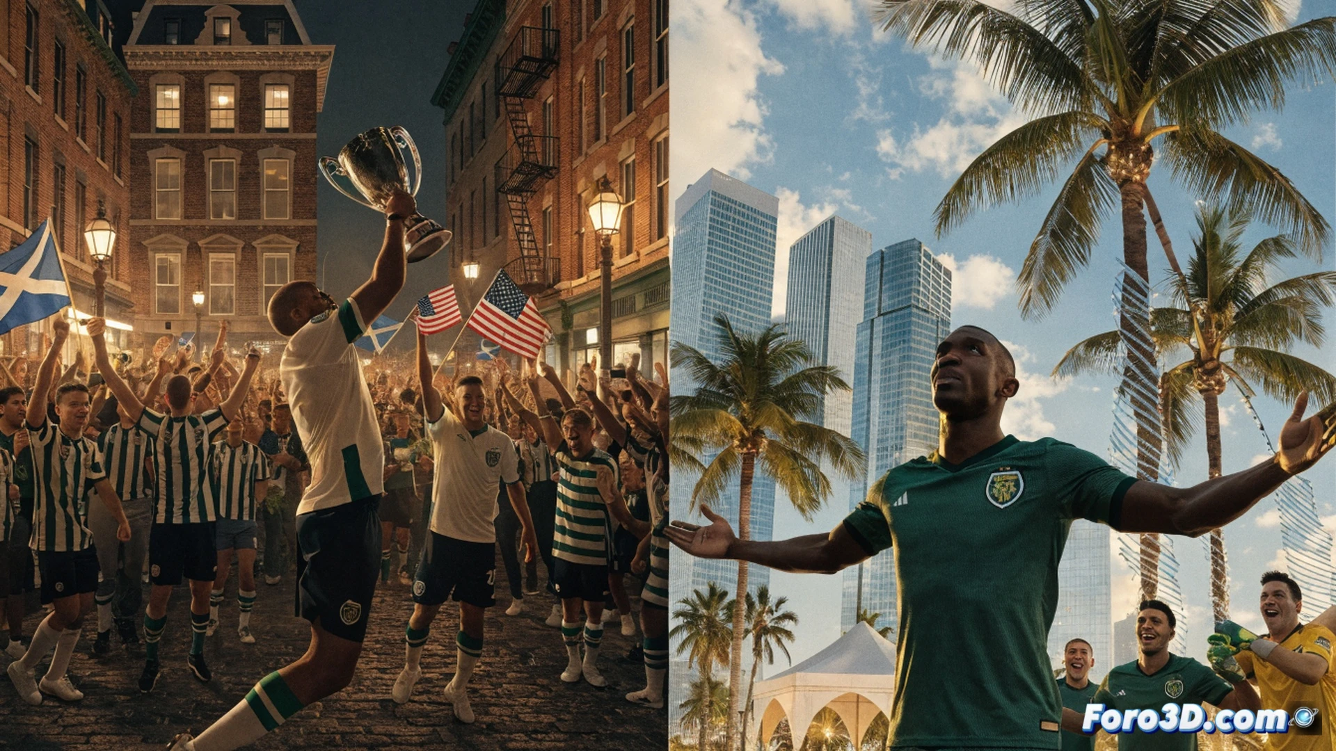 Scottish football fans celebrating in Miami streets at night, kilt-wearing supporters waving saltire flags, joyful crowd jumping with beer cups raised, neon lights reflecting on wet asphalt, Brazilian fans hugging Scottish fans showing unity, cinematic photorealistic style, dynamic action scene with confetti and motion blur, stadium lights in background, wide-angle lens capturing euphoria, warm golden hour lighting mixed with cool blue neon, ultra-detailed faces and fabric textures, festive atmosphere with beer foam flying, no text or numbers visible