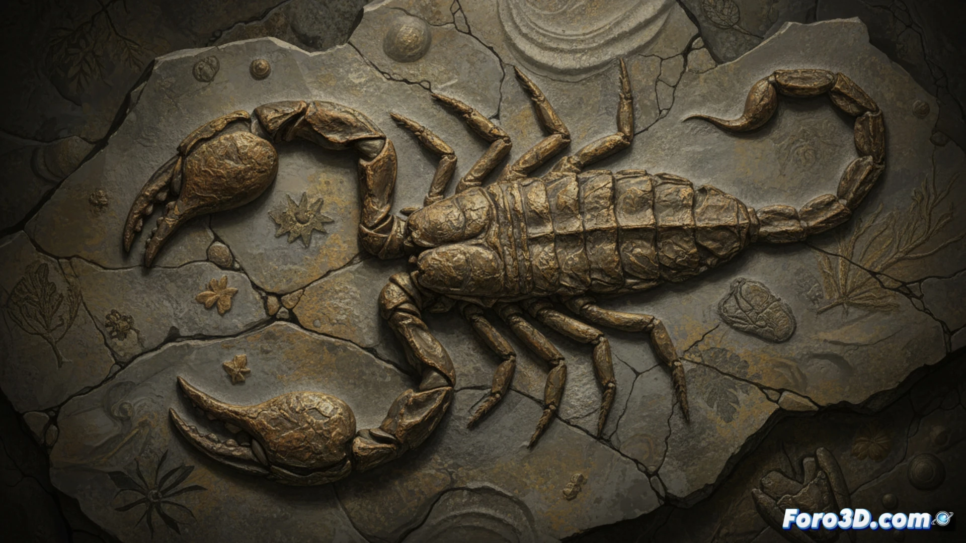 Silurian floodplain ecosystem reconstruction, giant Praearcturus gigas scorpion one meter long with sixteen-centimeter pincers crawling across muddy terrain, segmented exoskeleton with pale golden-brown chitin texture, small primitive fish fleeing in shallow water while scorpion hunts, paleontologists in background using brushes and chisels to excavate fossilized remains from sedimentary rock layers, sunlight breaking through cloudy sky illuminating wet mud and ripples, photorealistic scientific visualization, cinematic macro perspective emphasizing scale and anatomical detail, dramatic natural lighting with amber and green tones, ultra-detailed texture on carapace and joint articulation.