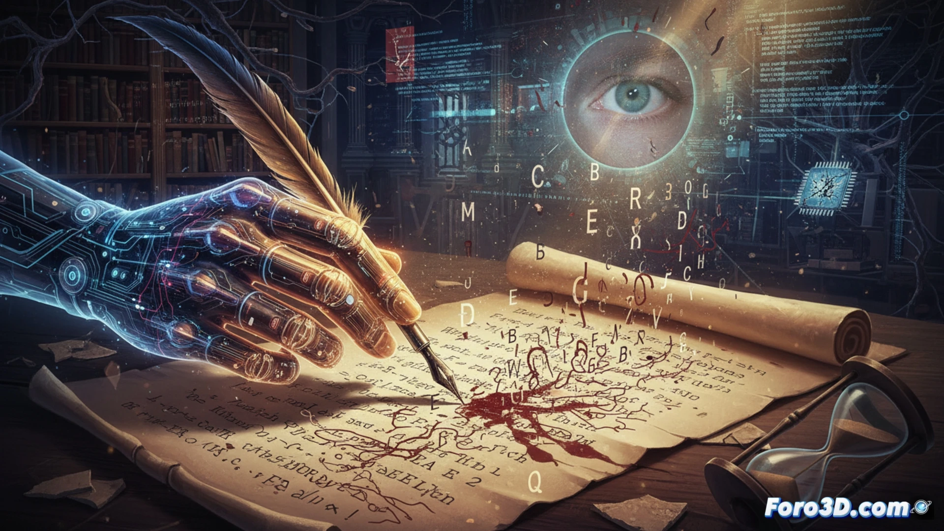 photorealistic scene of a human hand holding a pen over a paper document, while a glowing digital cursor hovers nearby, a small eraser tool scraping away perfect letters to create deliberate smudges and rough strokes, a laptop screen showing a grammar-checking interface with red underlines being ignored, the paper showing a mix of polished typewriter text and messy handwritten corrections, cinematic lighting with warm desk lamp contrast, subtle tension between human imperfection and digital perfection, ultra-detailed paper texture, graphite dust particles suspended in air, dramatic shadows, technical illustration style