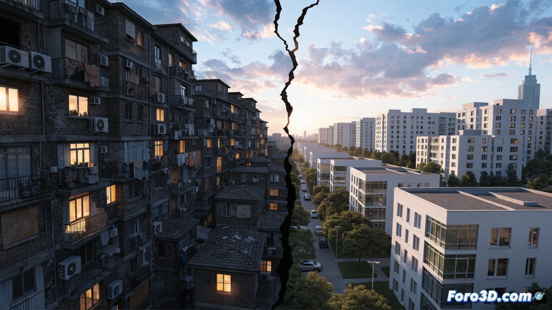 Aerial view of a Spanish city skyline at sunset, construction cranes frozen mid-motion above half-built apartment blocks, while a massive transparent digital overlay shows 750,000 glowing red house icons floating above empty lots, a single small public housing block highlighted in blue surrounded by a sparse scattering of social homes, contrast with a tiny Dutch-style row of dense affordable housing in the corner, cinematic photorealistic technical illustration, dramatic golden hour lighting, urban planning visualization, architectural data layers with faint grid lines, realistic cloud shadows sweeping across the scene, high-contrast shadows emphasizing scarcity, ultra-detailed building textures, wide-angle lens effect