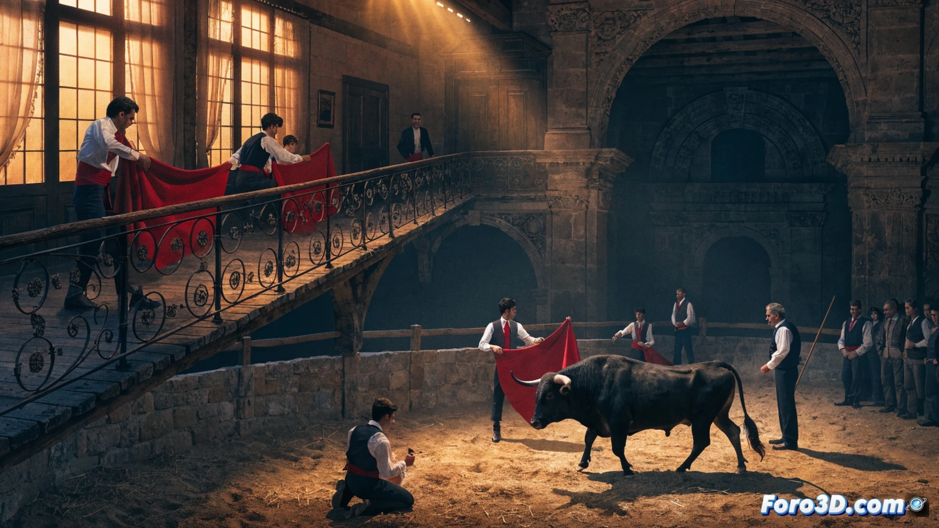 joven torero en formación ejecutando un pase de muleta durante una clase práctica al aire libre, capote rojo ondeando mientras polvo se levanta del ruedo, traje de luces con detalles bordados, estoque apoyado en la barrera de madera, fondo de plaza de toros vacía con sombras alargadas del atardecer, cámara lenta capturando el movimiento del capote, estilo cinematográfico realista, iluminación cálida dorada, textura del albero granulada, composición dramática con enfoque en la acción del pase