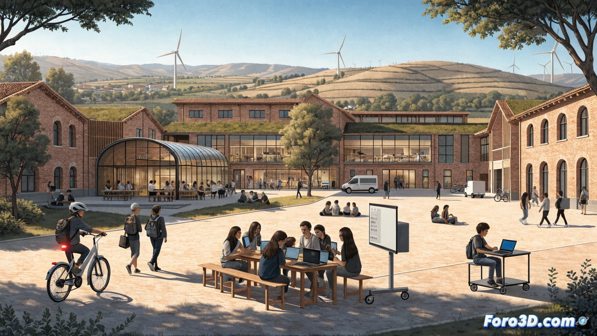 niños en un aula rural de Castilla-La Mancha interactuando con tablets y modelos 3D interactivos en una pantalla táctil, un docente guía una actividad de robótica educativa con un kit de sensores y motores, fondo de paisaje de campo con colinas verdes y un edificio escolar de piedra, luz natural entrando por ventanales, estilo cinematográfico fotorrealista, colores cálidos y vibrantes, enfoque nítido en rostros sonrientes y manos manipulando componentes técnicos, atmósfera de aprendizaje activo y colaborativo