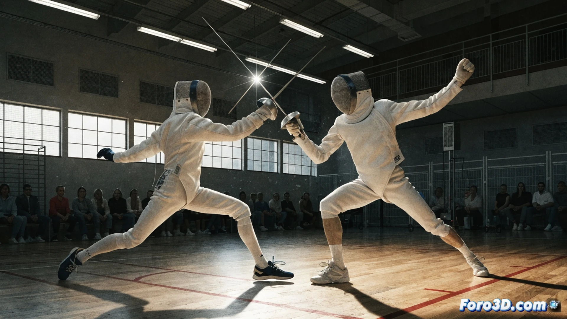 fencing match action shot, two fencers in white suits and mesh masks lunging at each other in a brightly lit indoor sports hall, metallic epee blades crossing mid-air with visible sparks, polished wooden floor reflecting overhead lights, background showing rows of empty spectator chairs and a scoreboard with red and green lights, intense focus on the fencers faces visible through the masks, sweat droplets frozen mid-motion, dynamic posture with one fencer extending arm fully while the other parries, dramatic cinematic lighting with strong contrast, photorealistic technical sports photography style, high detail on fabric folds and blade reflections
