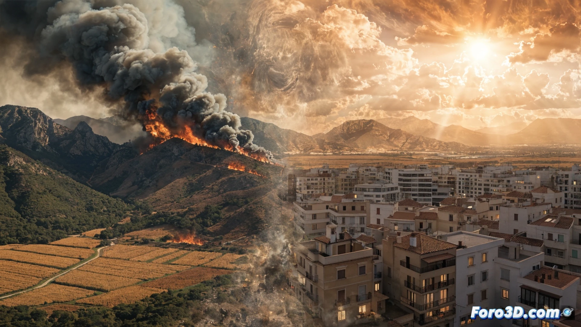 Masa de aire caliente rojo-naranja avanzando desde África hacia la península ibérica, termómetros urbanos digitales mostrando 45 grados en una plaza desierta al mediodía, anciano bebiendo agua bajo una sombra mínima mientras un ventilador de pie gira en primer plano, medidor de consumo eléctrico parpadeando con números altos, suelo de asfalto agrietado con ondas de calor visibles, estilo cinematográfico fotorrealista, luz solar abrasadora, cielo blanquecino por calima, atmósfera opresiva, detalles hiperrealistas de sudor y reflejos metálicos