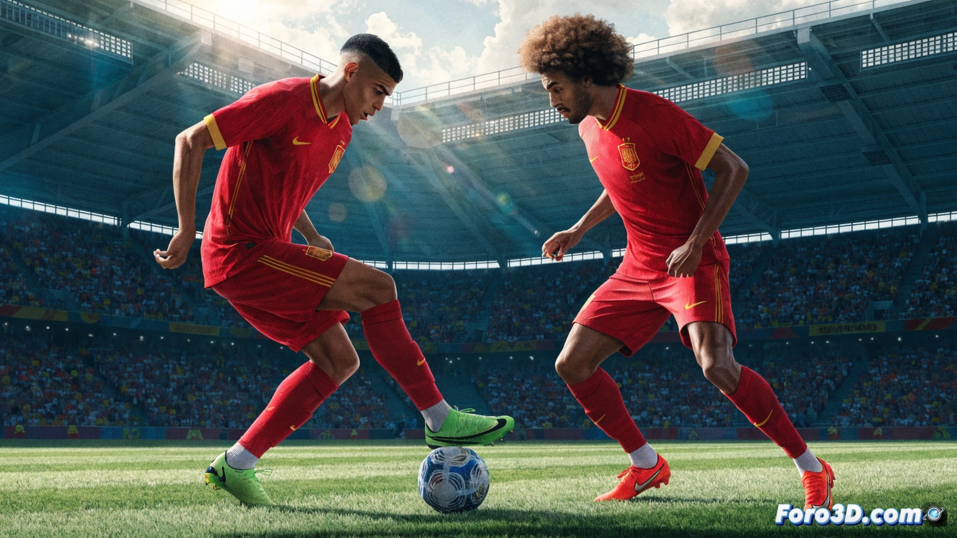 Spain national football team midfielders Pedri and Fabián Ruiz in peak physical condition during World Cup debut match against Cabo Verde, both players executing precise tactical passing movement, Pedri receiving ball under pressure while Fabián makes forward run, stadium floodlights illuminating green pitch, dynamic action pose with motion blur on sprinting legs, photorealistic sports photography style, high shutter speed capturing sweat droplets and grass particles, dramatic low-angle shot emphasizing athletic power, ultra-detailed jersey fabric textures, cinematic match lighting with deep shadows, realistic crowd blur in background