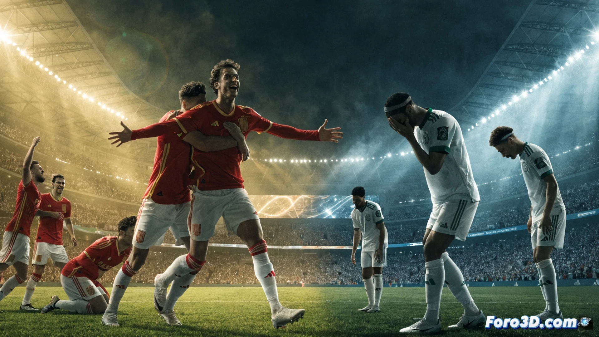photorealistic football match scene, Spanish player in red jersey executing a sliding tackle on Saudi opponent, ball spinning with motion blur, stadium floodlights casting dramatic shadows, grass blades flying during impact, tactical formation lines faintly visible on pitch overlay, coach Luis de la Fuente gesturing from sideline, digital tactical tablet in his hand showing real-time player positions, crowd cheering in blurred background, cinematic wide-angle shot, intense sporting action, high detail on player expressions and jersey textures, dramatic golden hour lighting, technical sports illustration