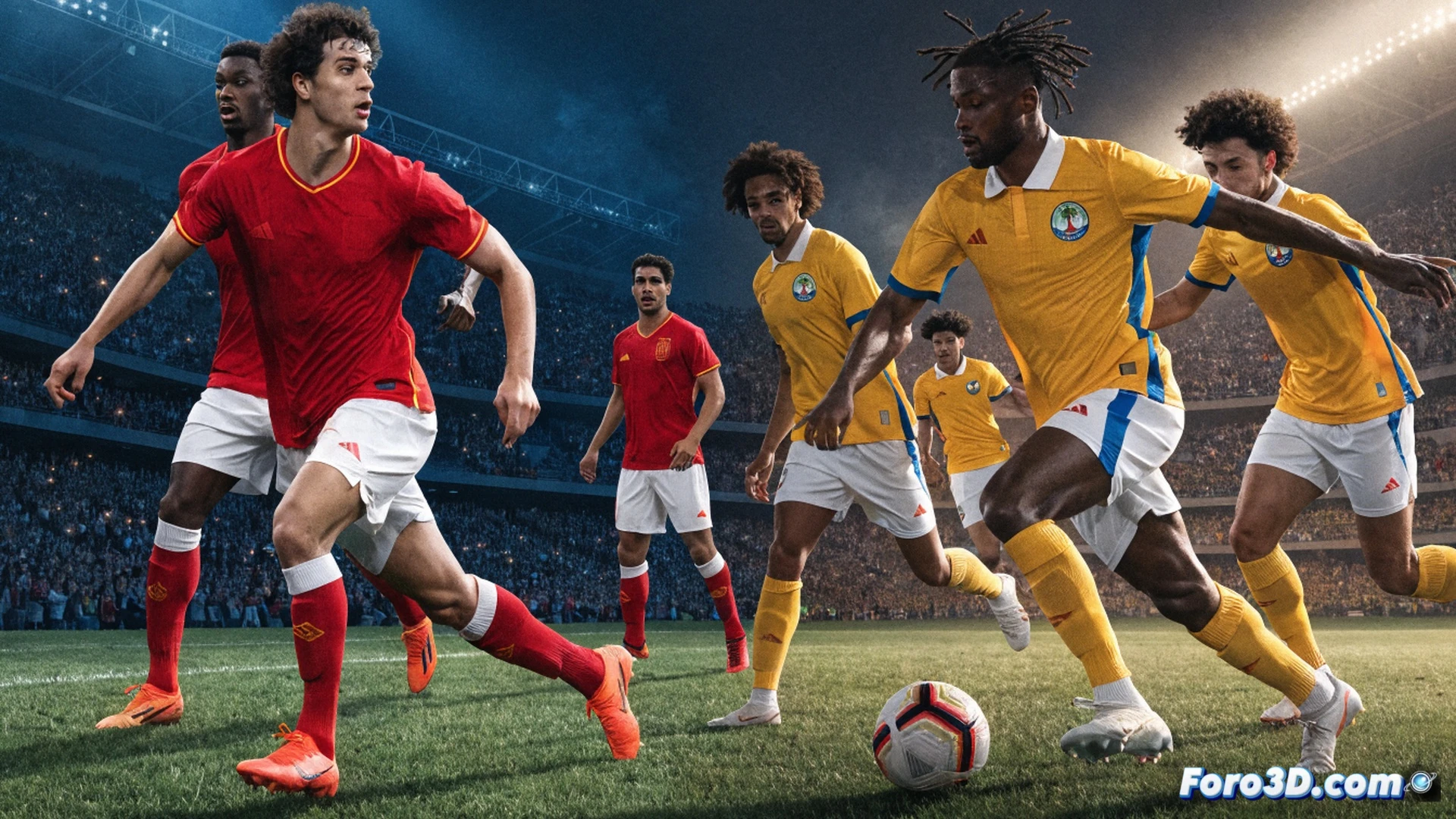 Football stadium at sunset, Spanish player in red jersey attempting a pass while Cabo Verde defender in blue blocks the trajectory, ball motionless on dry grass, empty goal visible in background, frustrated Spanish coach on sideline checking tactical tablet, passive team formation showing lack of movement, static midfield triangle, no attacking runs, cinematic technical visualization, photorealistic sport broadcast style, shallow depth of field, dramatic shadows, overcast sky, tactical diagram overlay faintly glowing on grass, ultra-detailed player expressions, professional match photography aesthetic