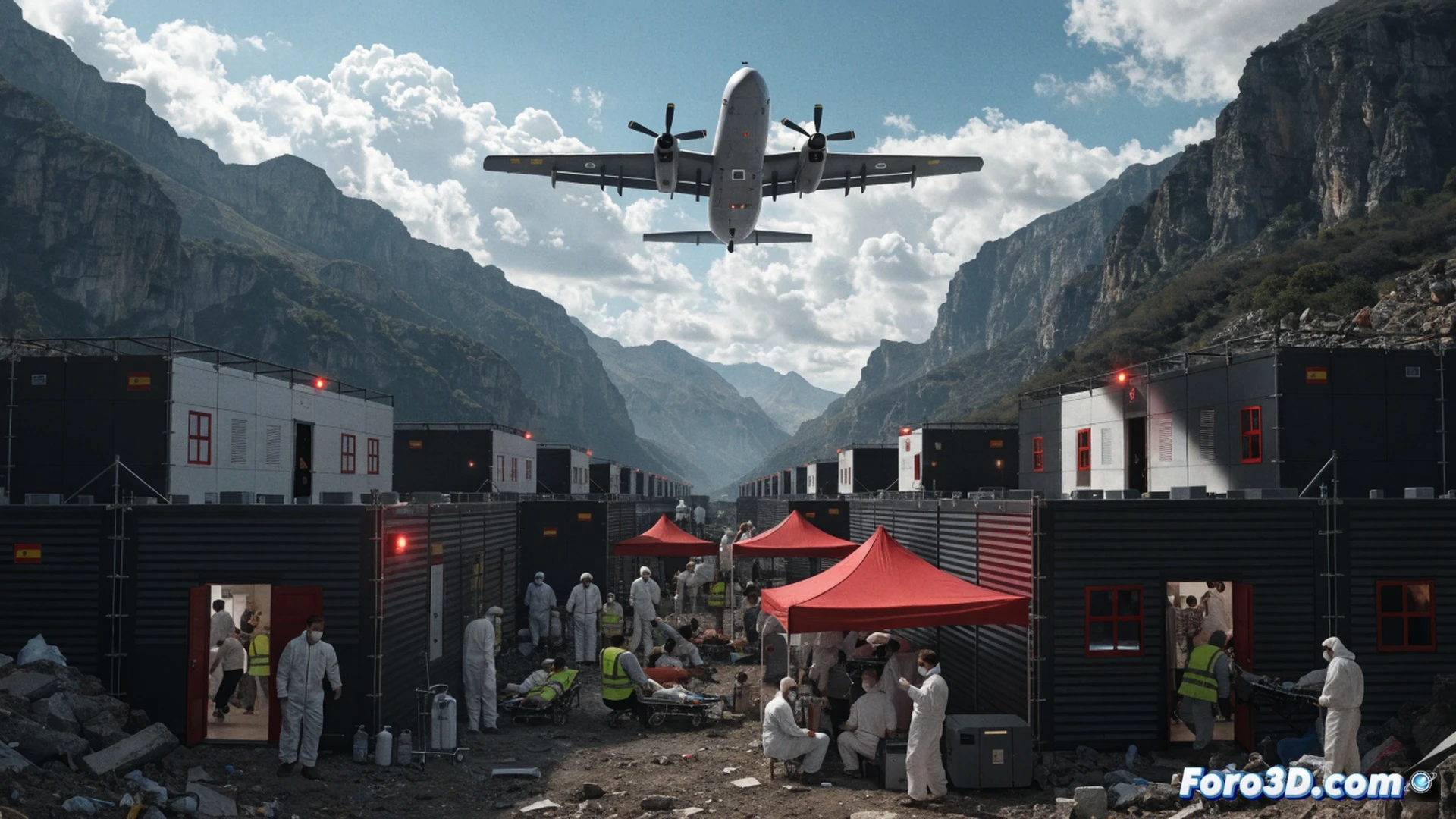 Emergency field hospital START deployment in Venezuela earthquake disaster zone, modular inflatable medical tents being assembled by Spanish and Venezuelan personnel, medics carrying stretchers with injured patients inside illuminated tent structure, surgical equipment being unpacked from labelled crates, portable ventilator and patient monitoring devices in foreground, delivery room setup with medical staff preparing for childbirth, military transport plane visible behind with ramp lowered, red cross markings on white tents, dramatic dusk lighting with emergency floodlights, dust particles in air, photorealistic cinematic humanitarian response visualization