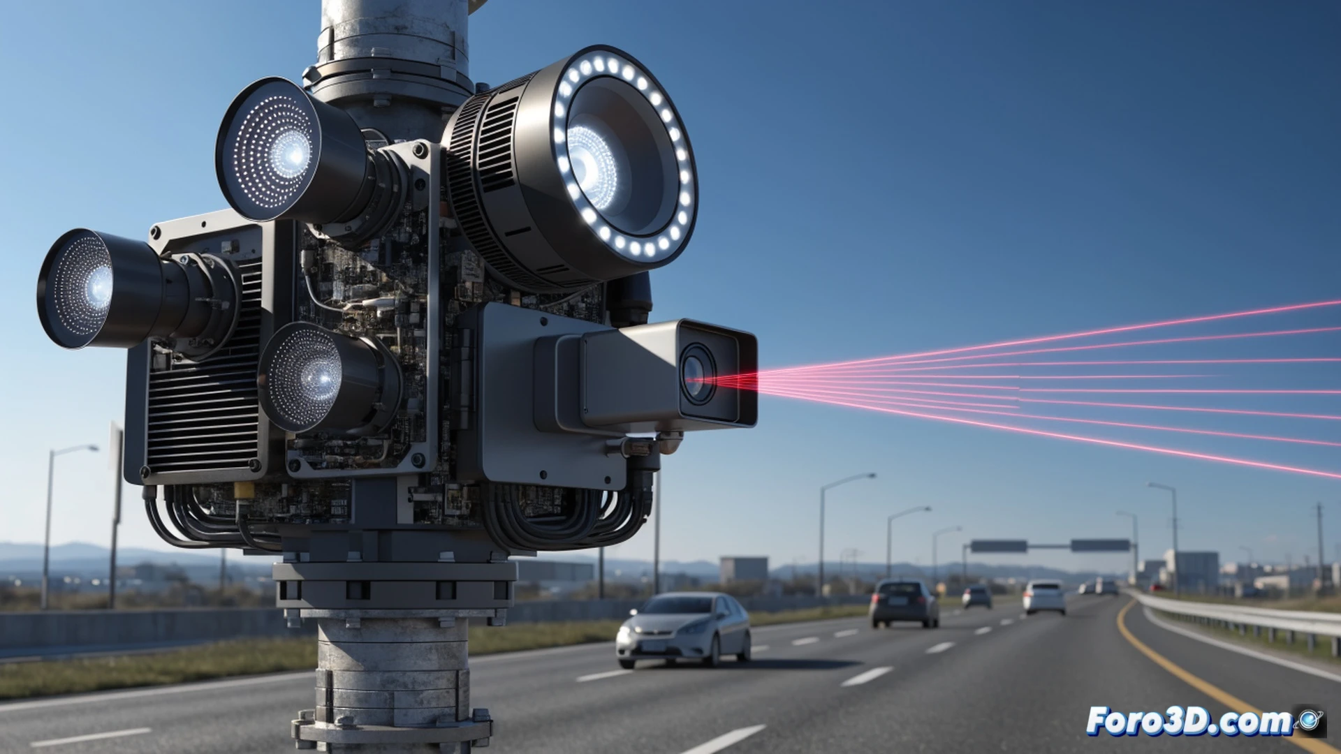 Spanish highway at dusk, a metallic gantry mounted with three-dimensional radar sensors emitting faint blue scanning beams across multiple lanes, a speeding car triggering simultaneous detection of its license plate and driver holding a phone, while another vehicle shows a red highlight around an unbuckled seatbelt, all data streams visualized as holographic overlays with trajectory lines and speed readouts, photorealistic cinematic engineering visualization, dramatic low-angle lighting, ultra-detailed sensor array with AI processing nodes, motion blur on passing vehicles, glowing data particles tracing violations, technical illustration style