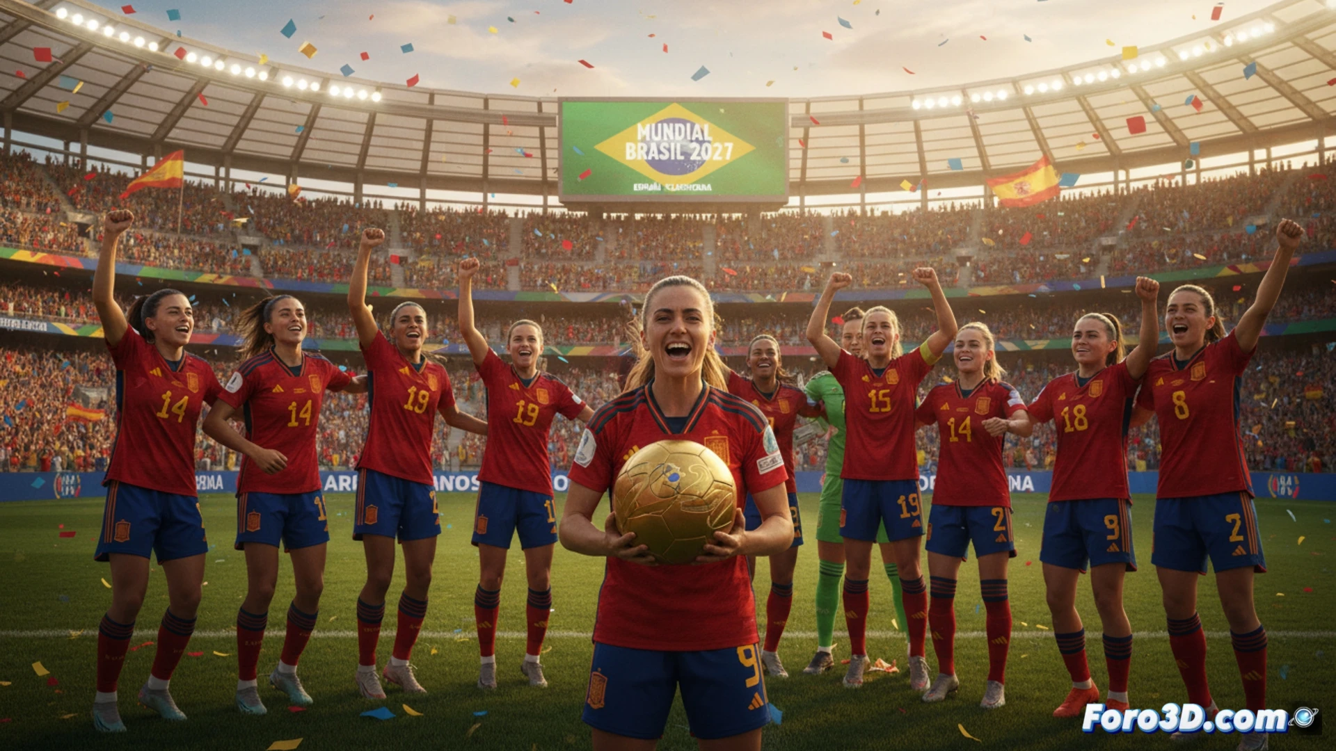 female football team celebrating on a lush green pitch, a golden trophy with stylized world map engraving floating above a glowing stadium, players mid-jump with dynamic motion, arms raised, confetti falling, a large digital scoreboard showing 3-0 in the background, cinematic photorealistic style, dramatic stadium floodlights creating high contrast shadows, depth of field blurring distant crowd, grass blades with dew droplets, hyper-detailed jersey textures, action freeze-frame with motion trails, vibrant Brazil-inspired yellow and green color accents, ultra-realistic sports photography render