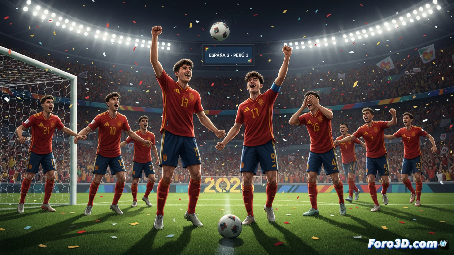 Spain national football team during a match against Peru, player Pedri making a precise pass under pressure, Oyarzabal positioning for a shot near the penalty area, Peruvian defender deflecting the ball into his own net, motion blur on the moving ball, green grass field with stadium floodlights casting dramatic shadows, tactical formation lines faintly visible on the pitch, photorealistic cinematic sports visualization, high-speed action freeze-frame, sweat droplets on players faces, dynamic camera angle from ground level, realistic fabric folds on jerseys, detailed stadium architecture in background