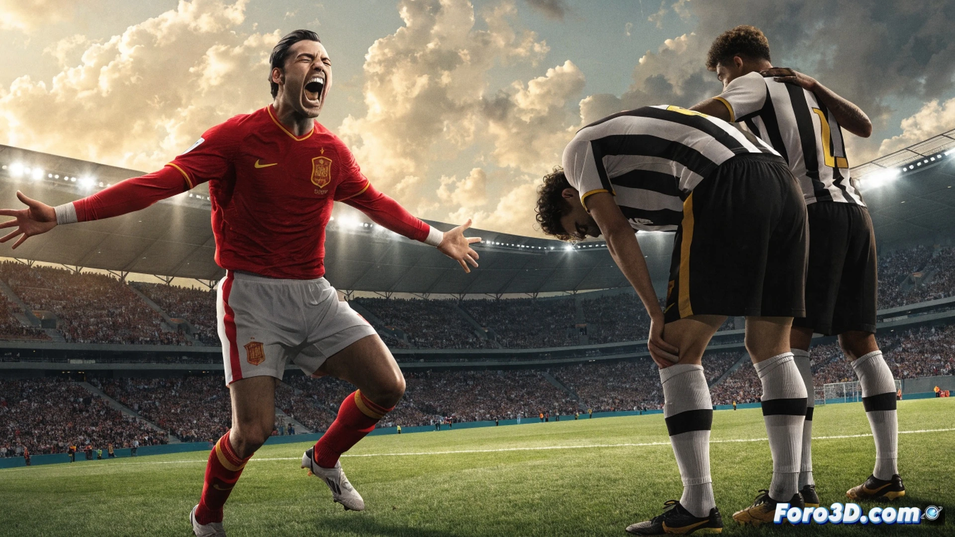 Photorealistic football match scene, Spanish defender sliding tackle intercepting ball from Uruguayan forward in intense World Cup clash, green grass blades flying during the action, sweat droplets visible on players faces, dramatic stadium floodlights casting long shadows, dynamic camera angle capturing physical exertion and defensive effort, technical illustration style with ultra-detailed player jerseys and boot studs, cinematic motion blur on kicking leg, high-contrast lighting emphasizing muscular tension and determination, realistic crowd blur in background, photorealistic sports visualization