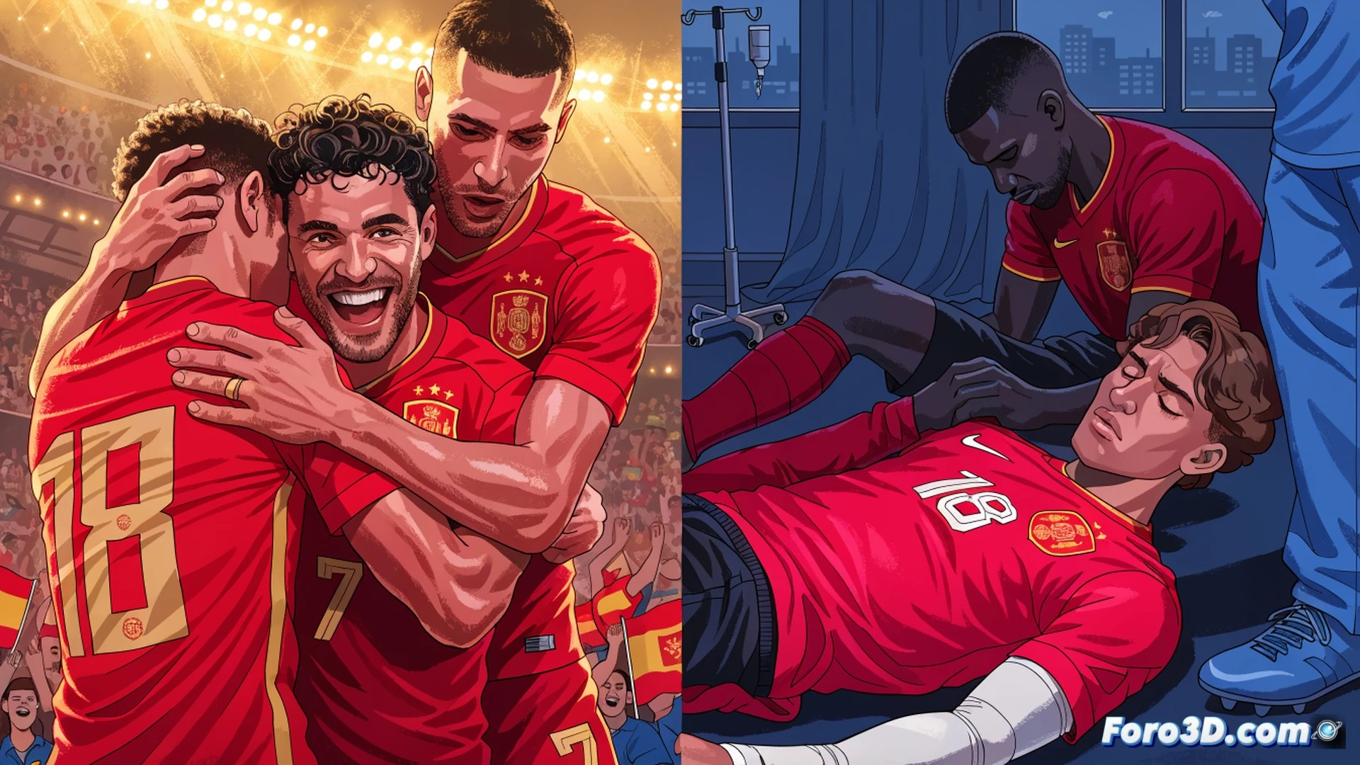 Spain football team celebrating a narrow 1-0 victory on the pitch, two players lying injured on the grass with medical staff rushing in, one player clutching his shoulder indicating a possible collarbone fracture, the other holding his leg, tactical formation board in the background showing reduced offensive options, stadium floodlights casting dramatic shadows, tense expressions on teammates and coaching staff, cinematic photorealistic style, motion blur on celebrating players contrasting with static injured figures, medical kit and stretcher visible on sideline, ultra-detailed grass texture and jersey fabric, emotional sports documentary lighting