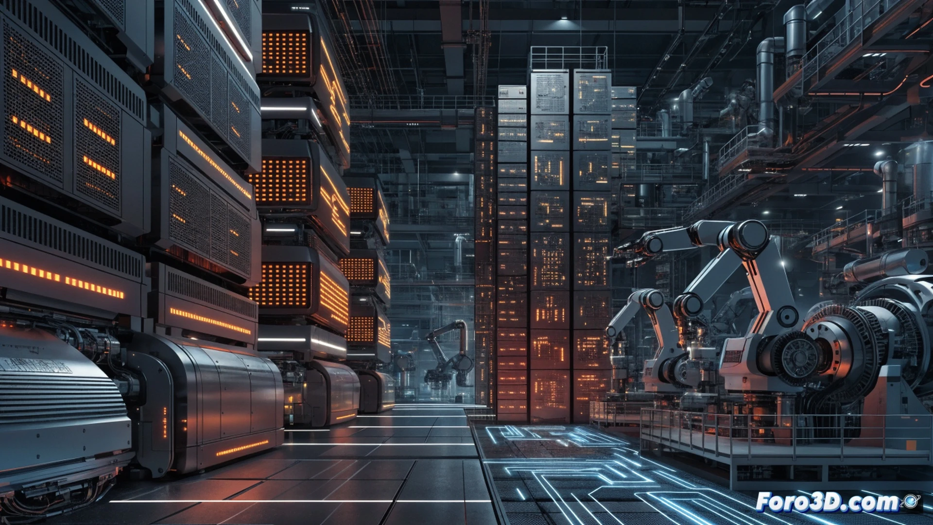 modern data center interior, rows of high-performance GPU servers with glowing blue status lights, a robotic arm installing a processor chip into a liquid-cooled server rack, fiber optic cables pulsing with streaming data, engineers in cleanroom suits monitoring holographic network maps, Spain flag projected on a central screen, cinematic engineering visualization, photorealistic technical render, dramatic overhead lighting, reflective metallic surfaces, seamless integration of hardware and software processes