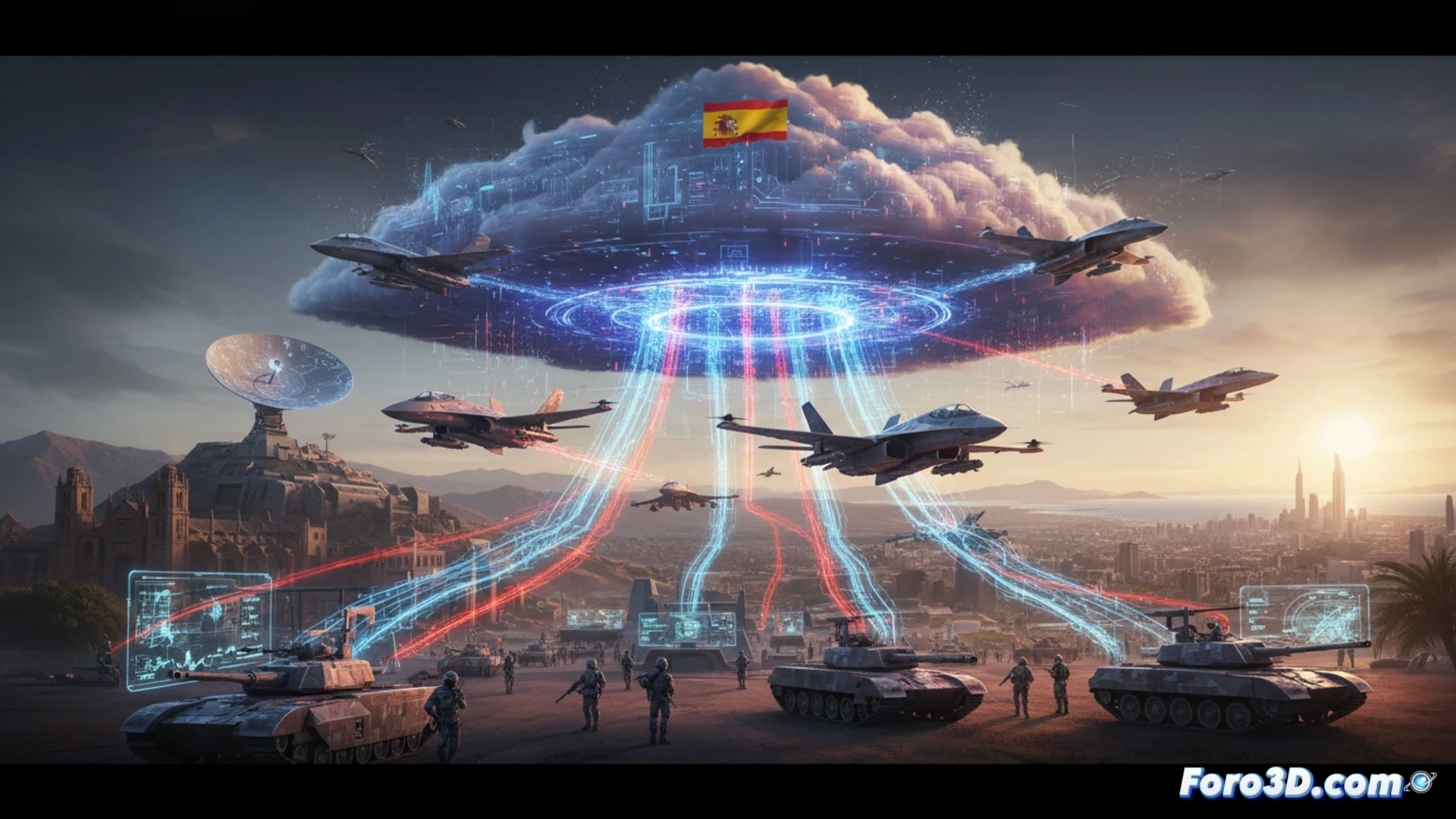 Technical illustration of a digital combat cloud system in action, military personnel monitoring real-time data on holographic screens inside a command center, fighter jets and drones displayed as interconnected nodes on a glowing network map, data streams flowing between air units and ground vehicles, engineering visualization style, sleek metallic interfaces, blue and orange light pulses, transparent layered UI elements, dark control room atmosphere, photorealistic cinematic render, sharp focus on the central holographic globe showing live battlefield integration