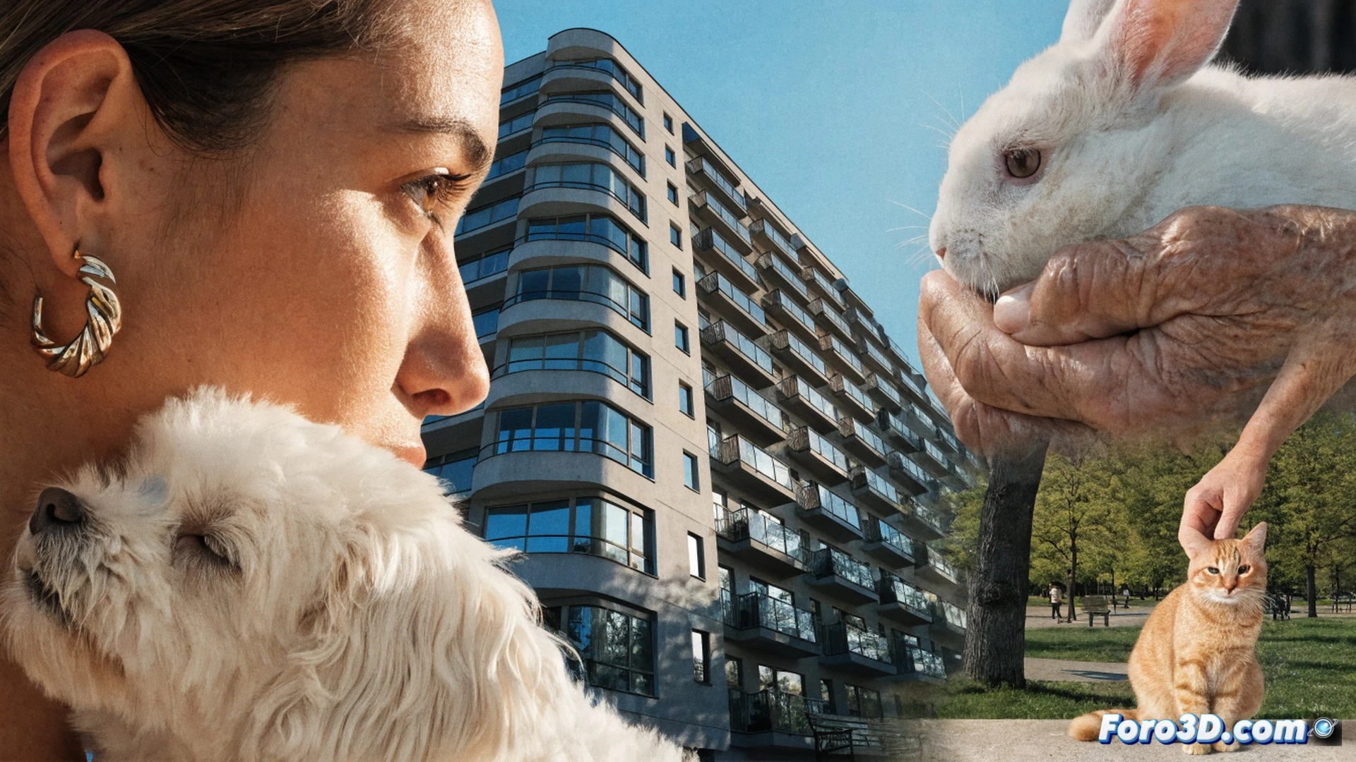 Photorealistic urban scene showing a young adult walking a dog on a Madrid street, background reveals an empty playground with a swing moving slightly, a cat sits on a balcony railing watching, apartment windows display smart home devices like a pet camera and automatic feeder, demographic data visualization elements integrated into the environment as subtle glowing holographic graphs showing declining birth rates and rising pet ownership, cinematic golden hour lighting, shallow depth of field, modern European architecture, detailed textures on cobblestone, pet insurance brochure on a bench, realistic pet accessories, high-end technical illustration style