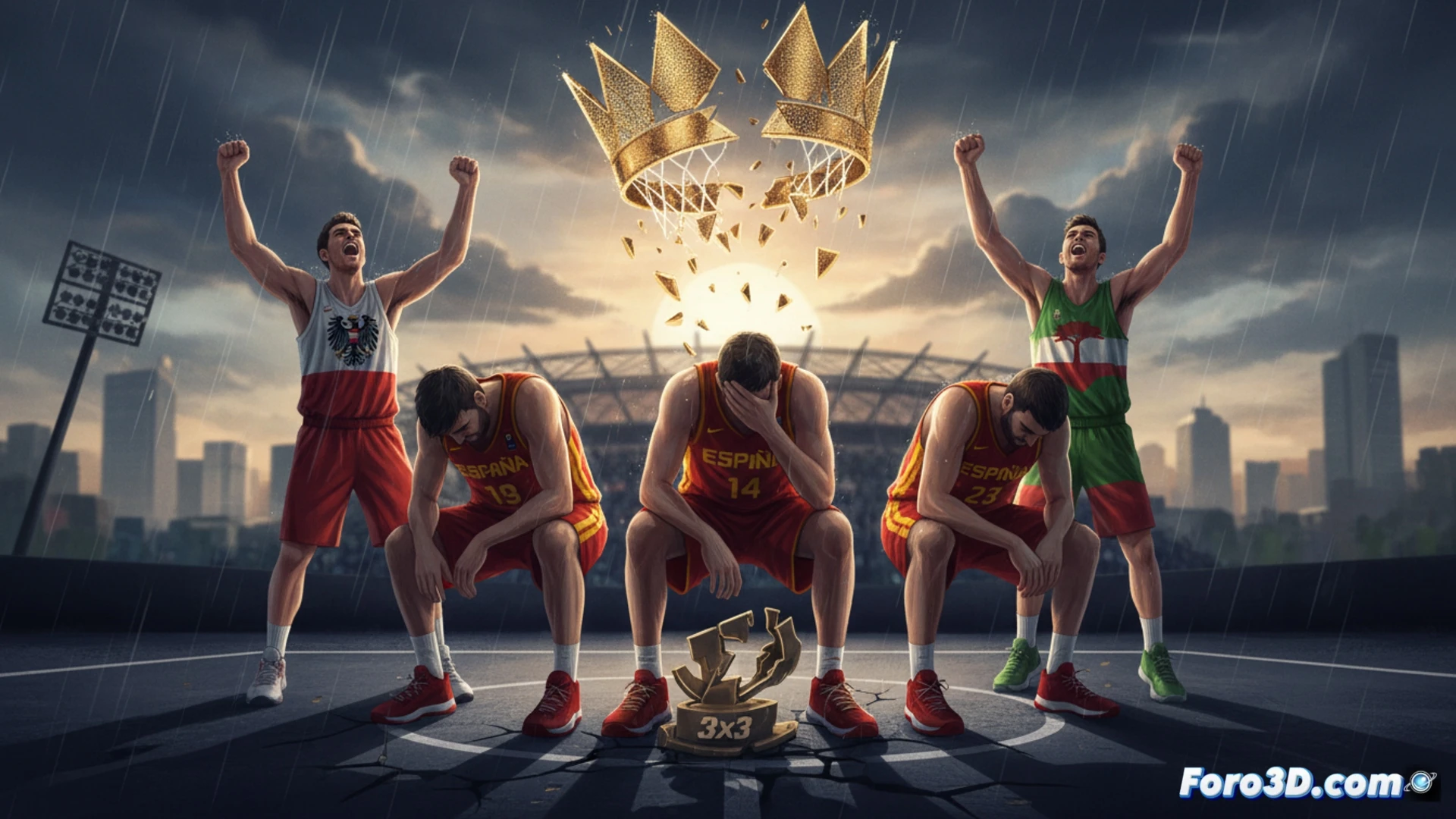 Three basketball players in red jerseys with Spain crests collapsing in exhaustion on a polished outdoor court, a scoreboard showing 21-19 defeat against Austria, torn net hanging from a bent rim, empty stands with shadows stretching across the court, dramatic low-angle shot emphasizing defeat, photorealistic sports photography style, harsh afternoon sunlight creating long shadows, sweat droplets frozen mid-air, gritty texture on asphalt surface, intense emotional atmosphere, ultra-detailed fabric wrinkles and court markings