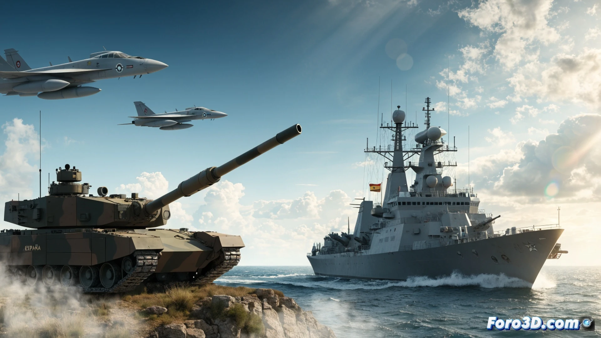Spanish Navy frigate F-100 class launching SM-2 missile from vertical launch system, Spanish Air Force Eurofighter Typhoon flying low over NATO allied battle tanks Leopard 2E advancing through European forest terrain, missile exhaust trail with smoke, tank tracks churning mud, dynamic combat formation, dramatic overcast sky, realistic military hardware textures, cinematic photorealistic war scene, motion blur on propellers and tank treads, intense golden hour lighting, ultra-detailed armor plating and aircraft panel lines, tactical camouflage patterns visible, dust particles in air, high-contrast cinematic color grading