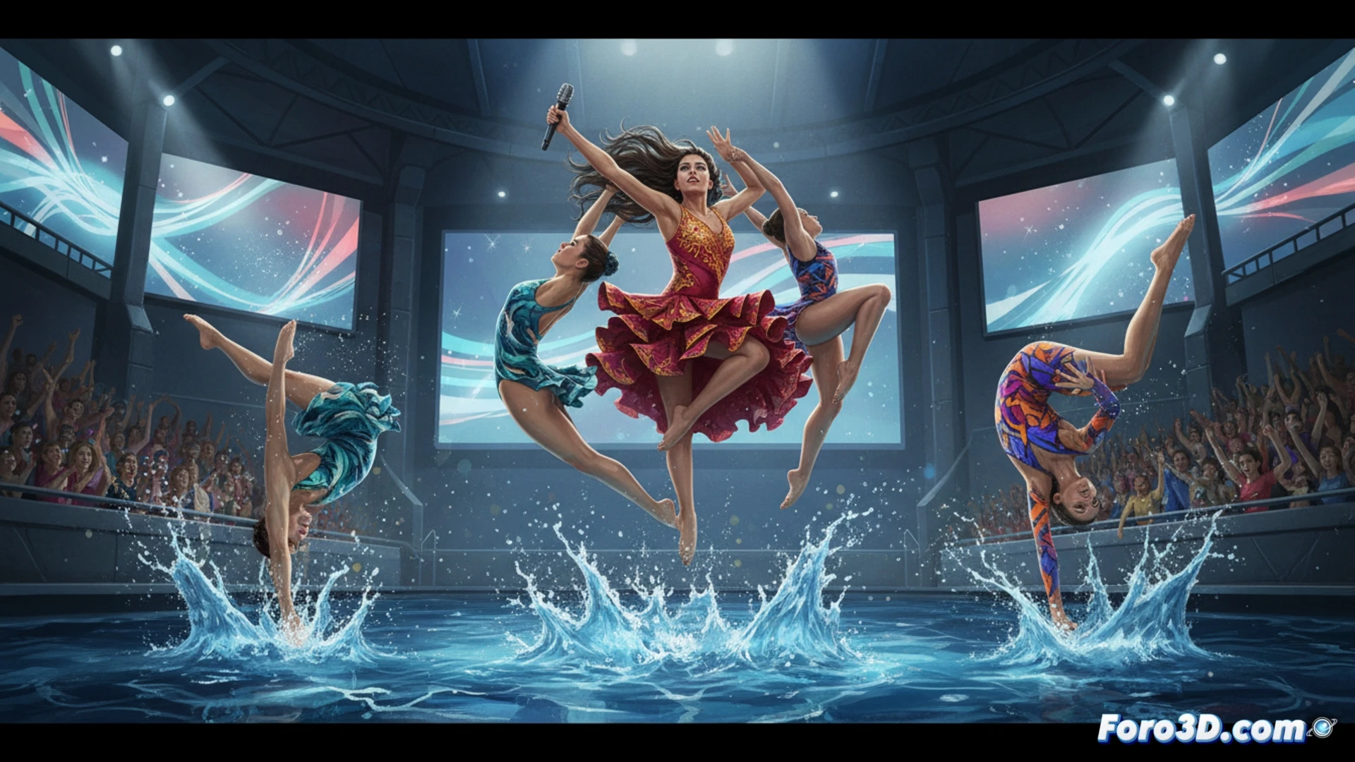Olympic swimming pool in Pontevedra, Spanish synchronized swimmers executing a high-risk acrobatic lift during a routine, one athlete launched into the air while teammates form a dynamic underwater support structure, water splashes catching dramatic spotlight beams, choreographed arm movements inspired by Rosalía, technical judges’ scoreboards visible in background, cinematic sports photography style, motion blur on splashes, sharp focus on athletes’ expressions, vivid pool lighting, photorealistic competition scene