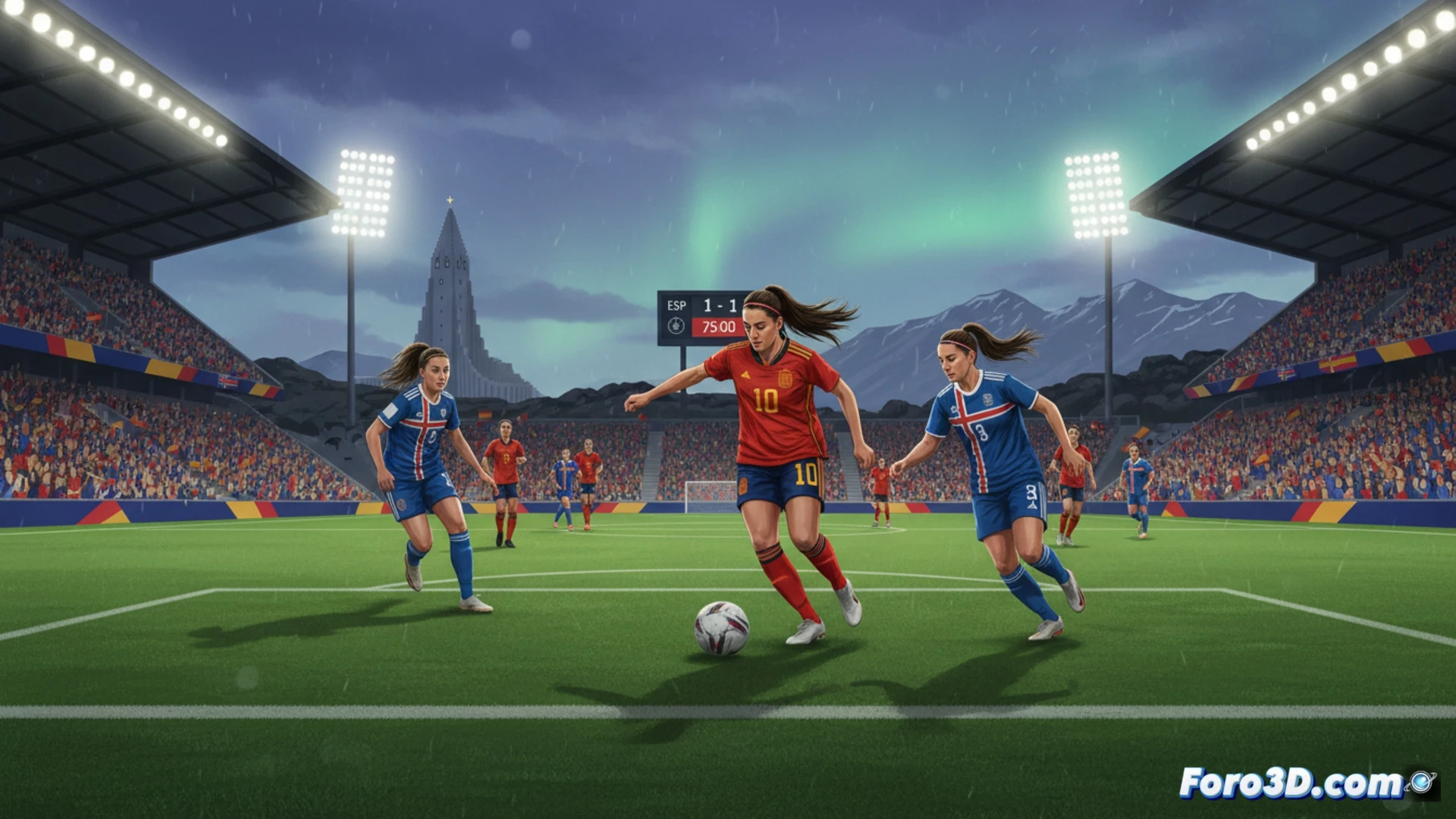football stadium in Reykjavik under overcast sky, Spanish women’s team players in red jerseys performing a high-pressure defensive drill on a wet pitch, Icelandic players in blue jerseys counterattacking with a fast pass sequence, mud splashing on boots during a sliding tackle, cinematic sports visualization with dramatic low-angle shot, stadium floodlights cutting through fog, intense facial expressions showing tension, photorealistic technical render with motion blur on the ball