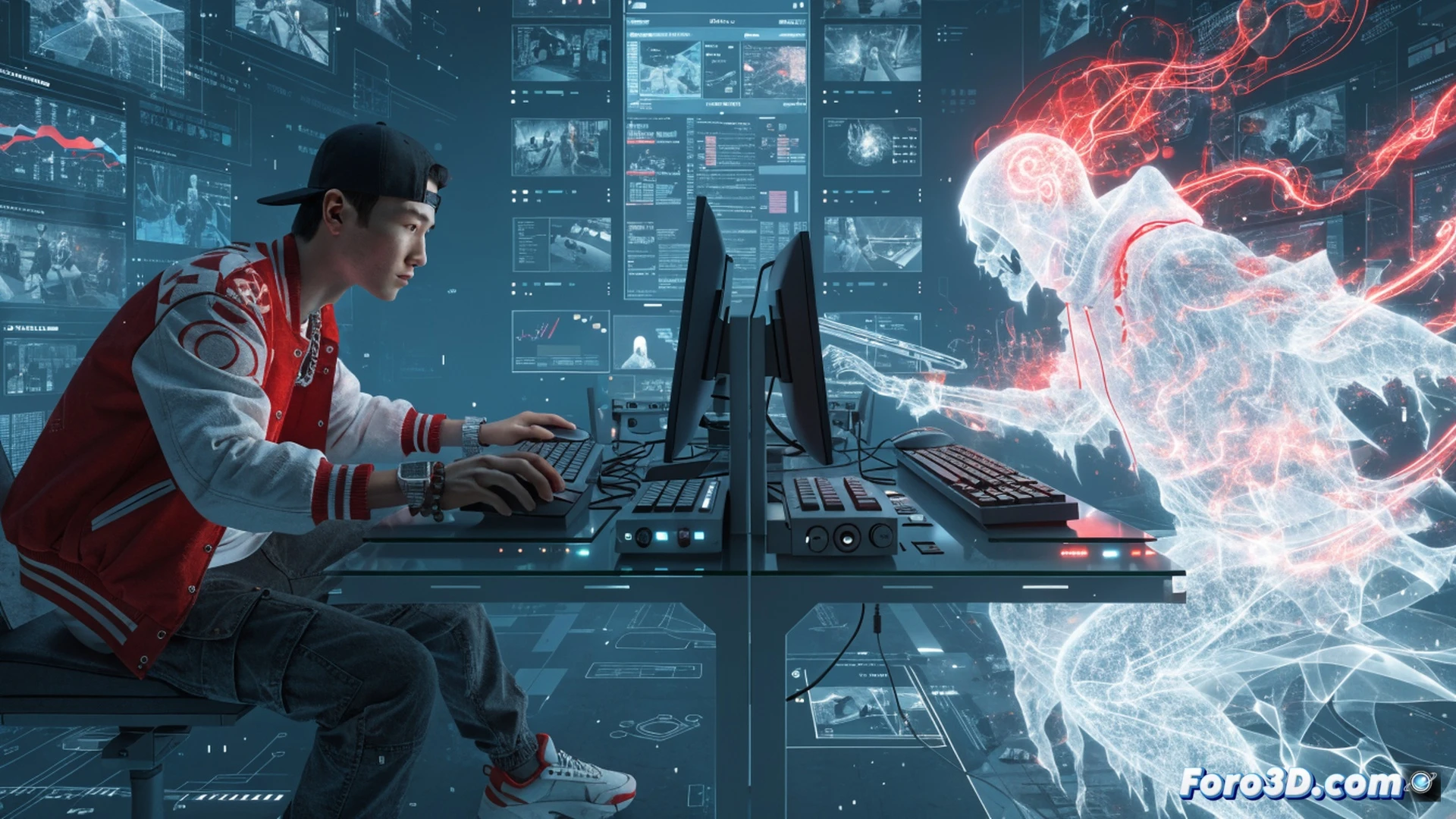 E-sports arena nocturna iluminada por pantallas holográficas, un joven jugador con auriculares y guantes hápticos mirando fijamente a una réplica fantasmal translúcida de una leyenda retirada, ambos con manos sobre teclados mecánicos RGB, disparos láser digitales cruzando el campo de batalla virtual, servidores de IA con cables de fibra óptica brillando en el fondo, gráficos de rendimiento en tiempo real flotando, estilo cinematográfico fotorrealista, iluminación azul fría y neón, partida generativa en acción mostrando movimientos replicados con precisión fantasmagórica.