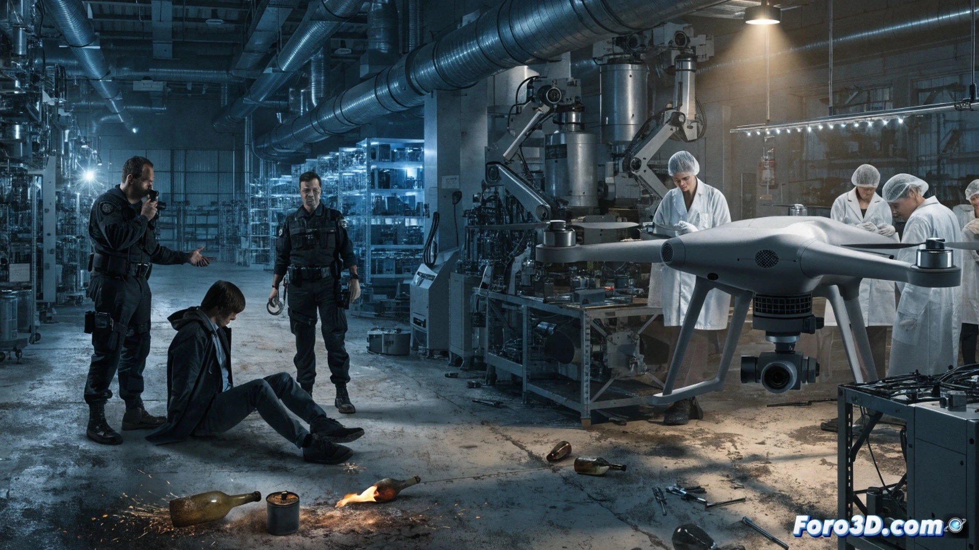 Nighttime industrial espionage scene at French drone factory near Toulouse, security guard patrolling perimeter fence while silhouette of 48-year-old man in dark coat photographs factory blueprints through wire mesh, concrete industrial building with glowing windows, on the ground a broken molotov cocktail bottle with liquid spilling next to factory wall, sparks from failed ignition fuse, security camera on pole with red blinking light, cinematic photorealistic engineering visualization, dramatic shadows from floodlights, wet asphalt reflecting neon security lights, ultra-detailed mechanical drone components visible through open loading bay door, tense surveillance atmosphere, motion blur on fleeing figure