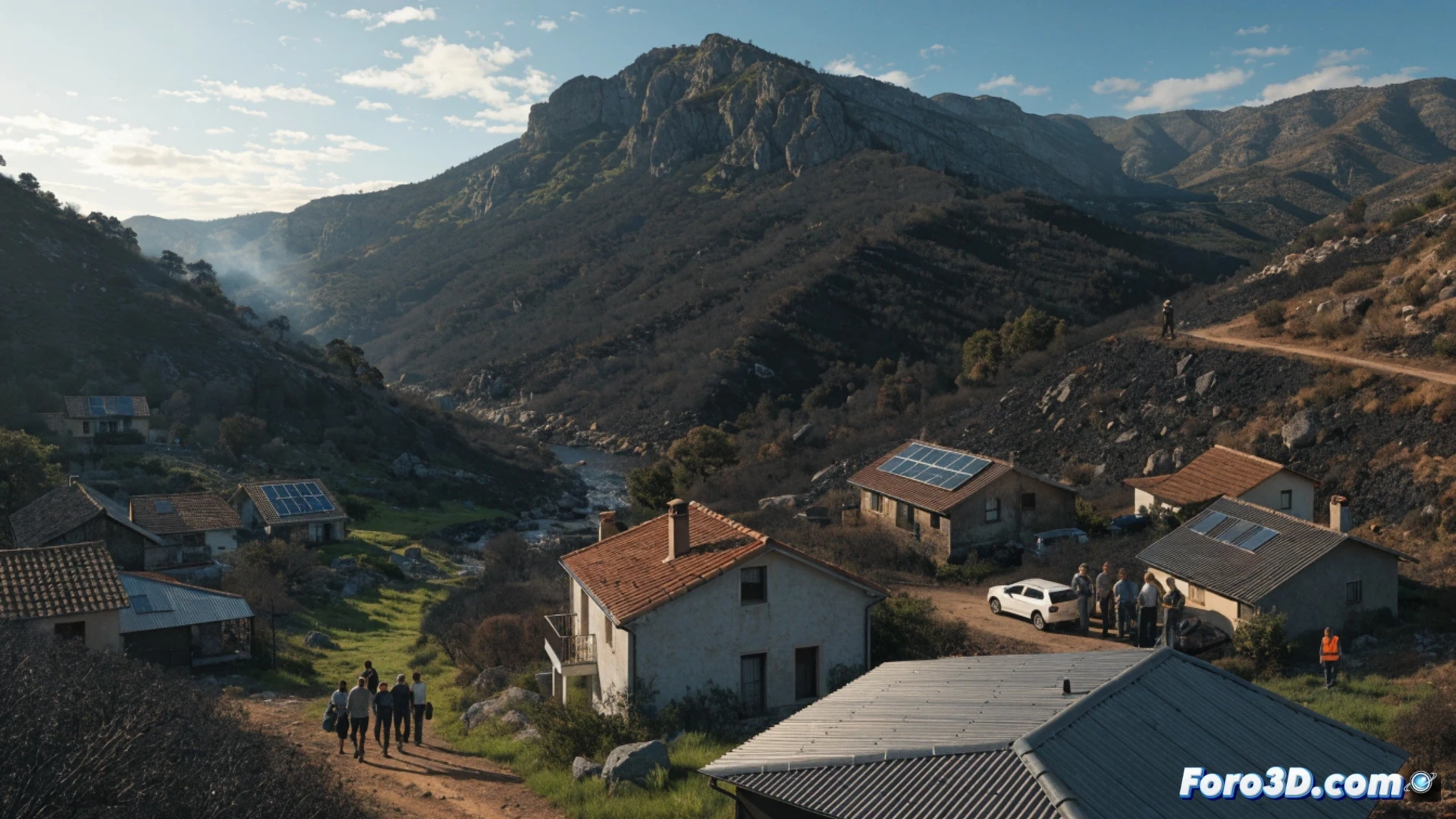 Aerial view of a stabilized wildfire perimeter in Huelva, showing a mosaic of burned dark terrain and untouched green patches, a rural house with residents returning on foot, smoke columns fading near a technical command vehicle with monitoring equipment, helicopters performing water drops on hot spots, realistic satellite terrain texture, cinematic documentary style, hazy golden sunset light, detailed vegetation recovery zones, photorealistic environmental visualization