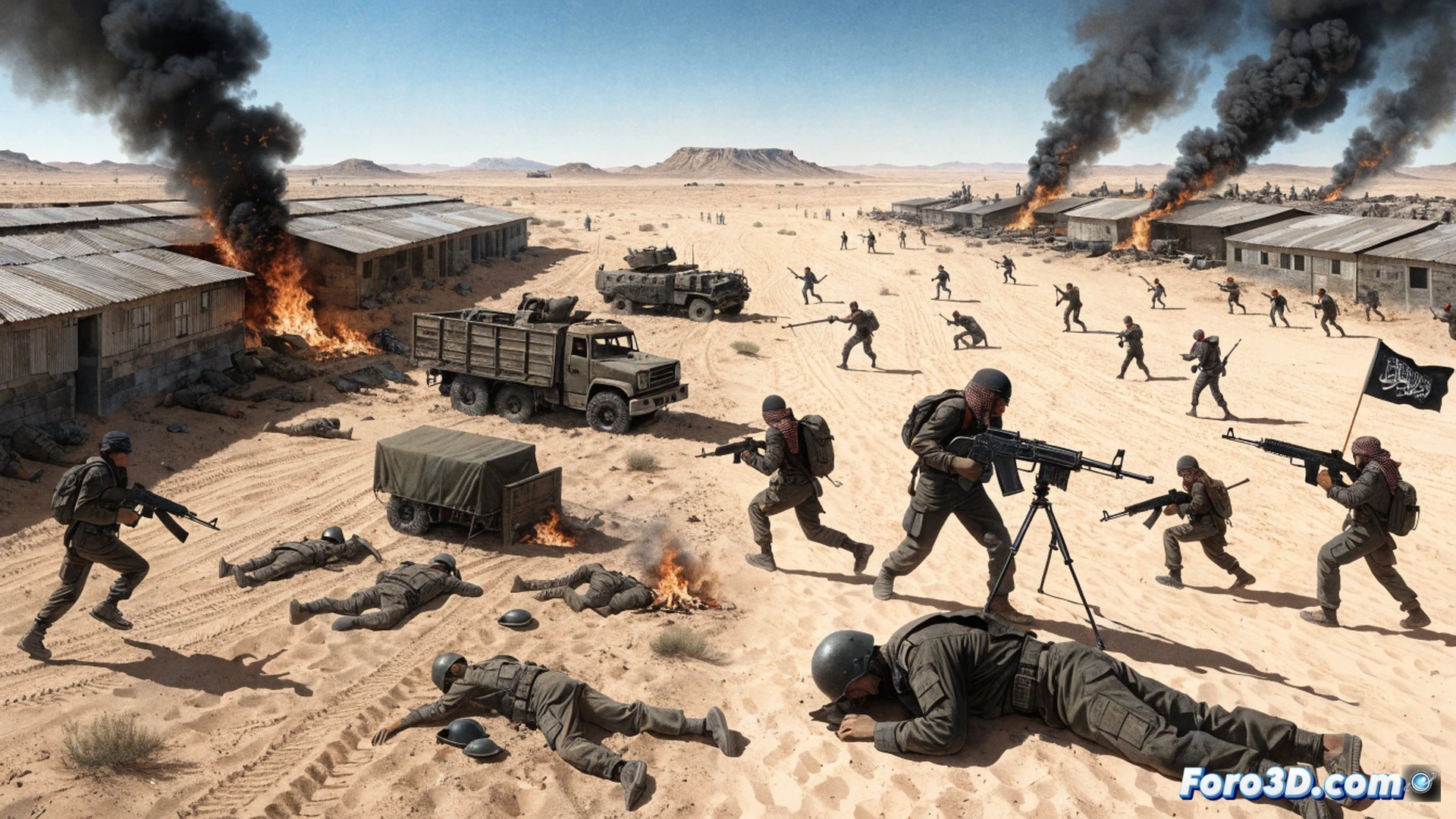 Desert military base attack scene, two fortified outposts under simultaneous assault at dawn, smoke plumes rising from burning barracks, group of armed militants firing rocket-propelled grenades and machine guns from sand dunes, military vehicles exploding with fireballs and debris, 65 destroyed trucks and jeeps scattered across the compound, ammunition crates being looted, soldiers taking cover behind damaged walls, high-angle cinematic wide shot, photorealistic war photography style, harsh golden desert light, dust clouds mixing with black smoke, dramatic chaos, ultra-detailed tactical equipment and weapon silhouettes, gritty realistic texture