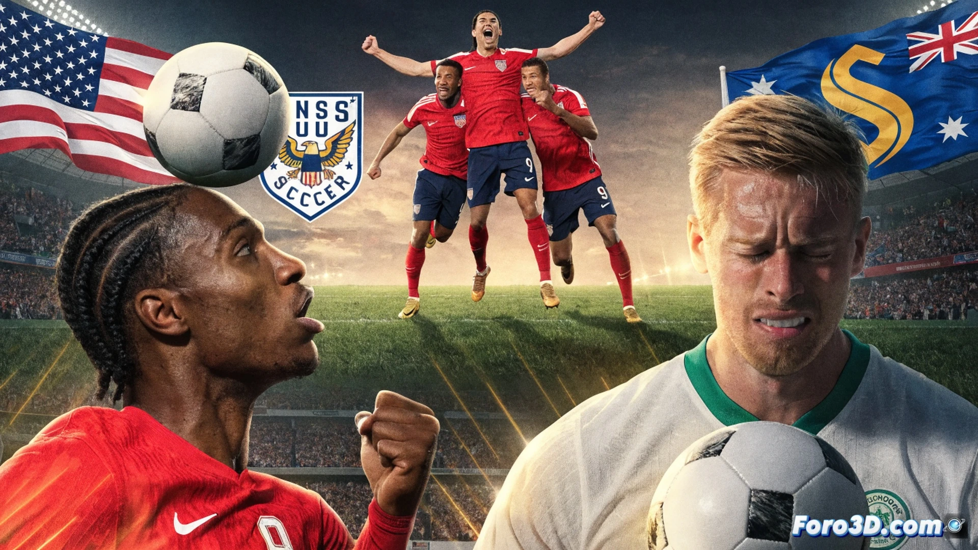 Selección de Estados Unidos celebrando en el campo de césped, defensa australiano Cameron Burgess desviando el balón hacia su propia portería en un autogol, mientras Alex Freeman salta para conectar un cabezazo en el área rival, movimiento de jugadores corriendo y balón en trayectoria curva, estadio lleno con banderas ondeando, fotorealismo cinematográfico, iluminación nocturna de estadio, sudor y tensión muscular visibles, profundidad de campo con aficionados borrosos al fondo, técnica deportiva de alta velocidad, renderización fotorrealista de ingeniería deportiva.