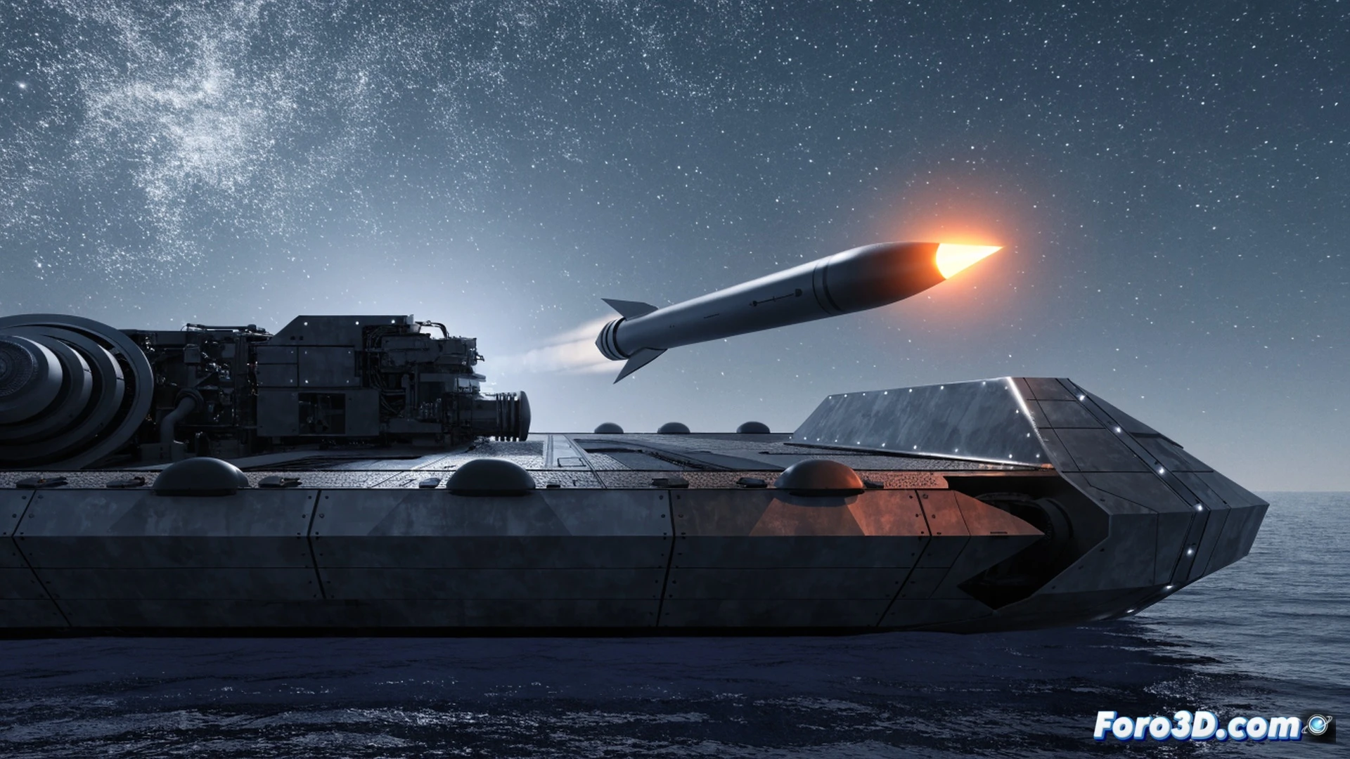 Unmanned naval drone Marauder cutting through dark ocean waves at high speed, launching a Blackbeard hypersonic missile from its deck, missile exhaust creating intense shockwave ripples across water surface, automated launch system arms retracting during ignition, glowing plasma trail forming around missile nose cone, low-angle cinematic shot capturing metallic hull details and antenna arrays, photorealistic engineering visualization, dramatic overcast sky with lightning flashes, realistic ocean spray and heat distortion effects, ultra-detailed mechanical components on deck, motion blur emphasizing rapid launch sequence